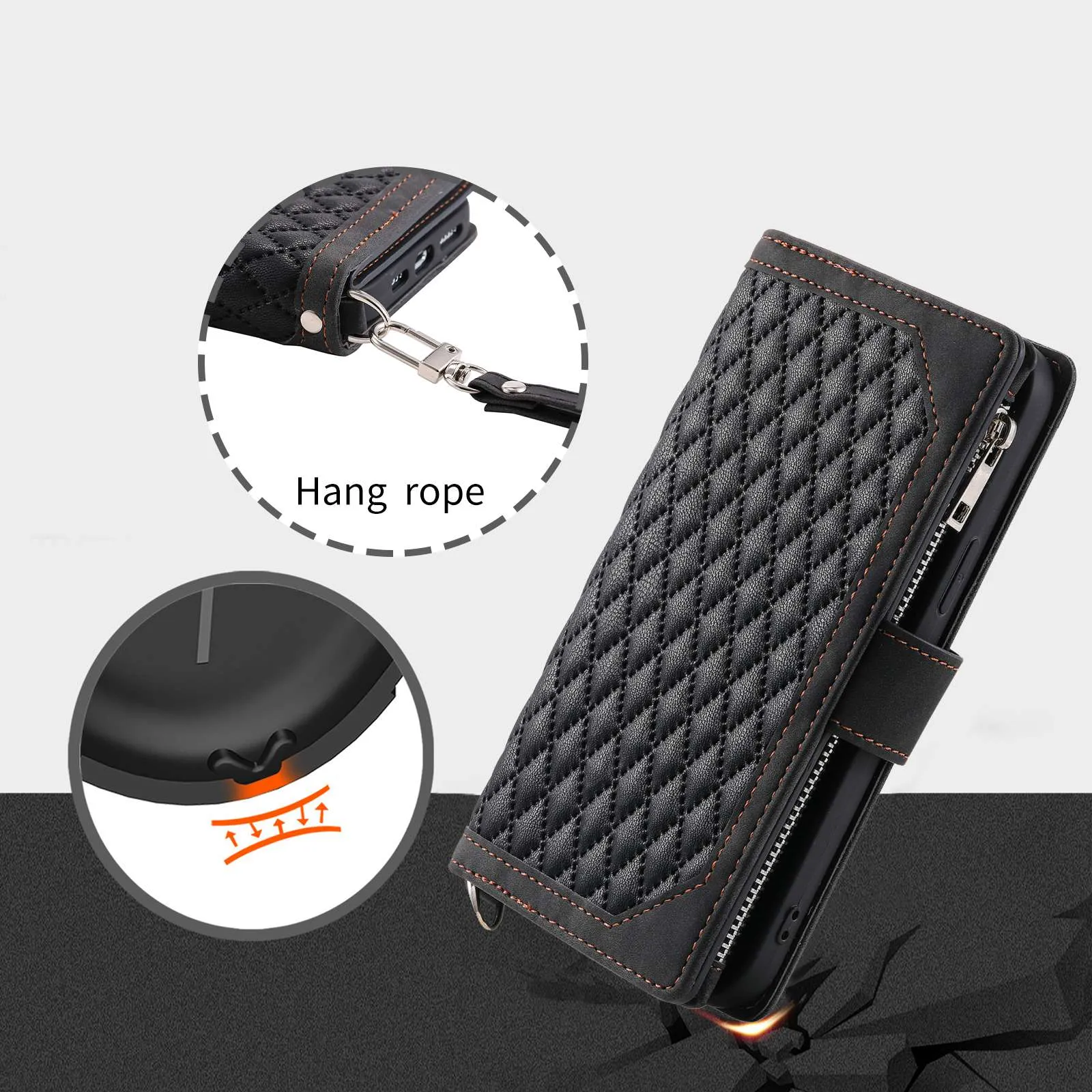 005 Phone Covering Shell for Samsung Galaxy A52s 5G  /  A52 5G / 4G, Rhombus Grid Textured PU Leather Phone Case Zipper Pocket Stand Wallet with Strap
