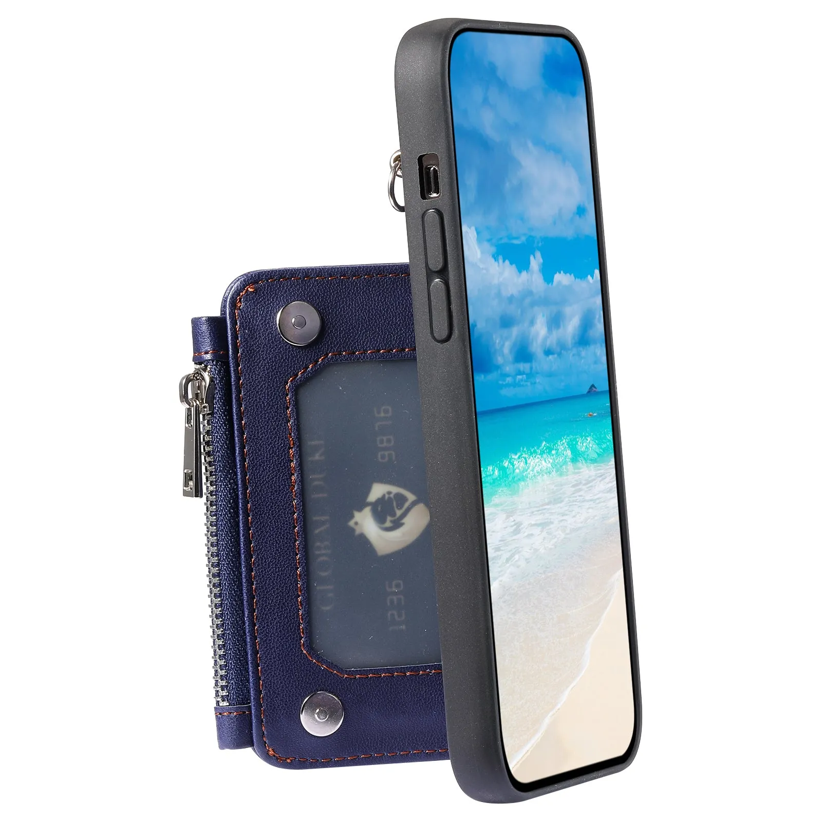 009 RFID Blocking Zipper Wallet Case for Samsung Galaxy A14 4G / 5G , PU Leather Coated TPU Kickstand Phone Cover with Straps