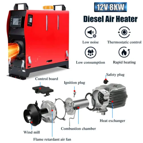 12V 5KW Diesel Air Heater, LCD Remote, Black Red, All-in-one