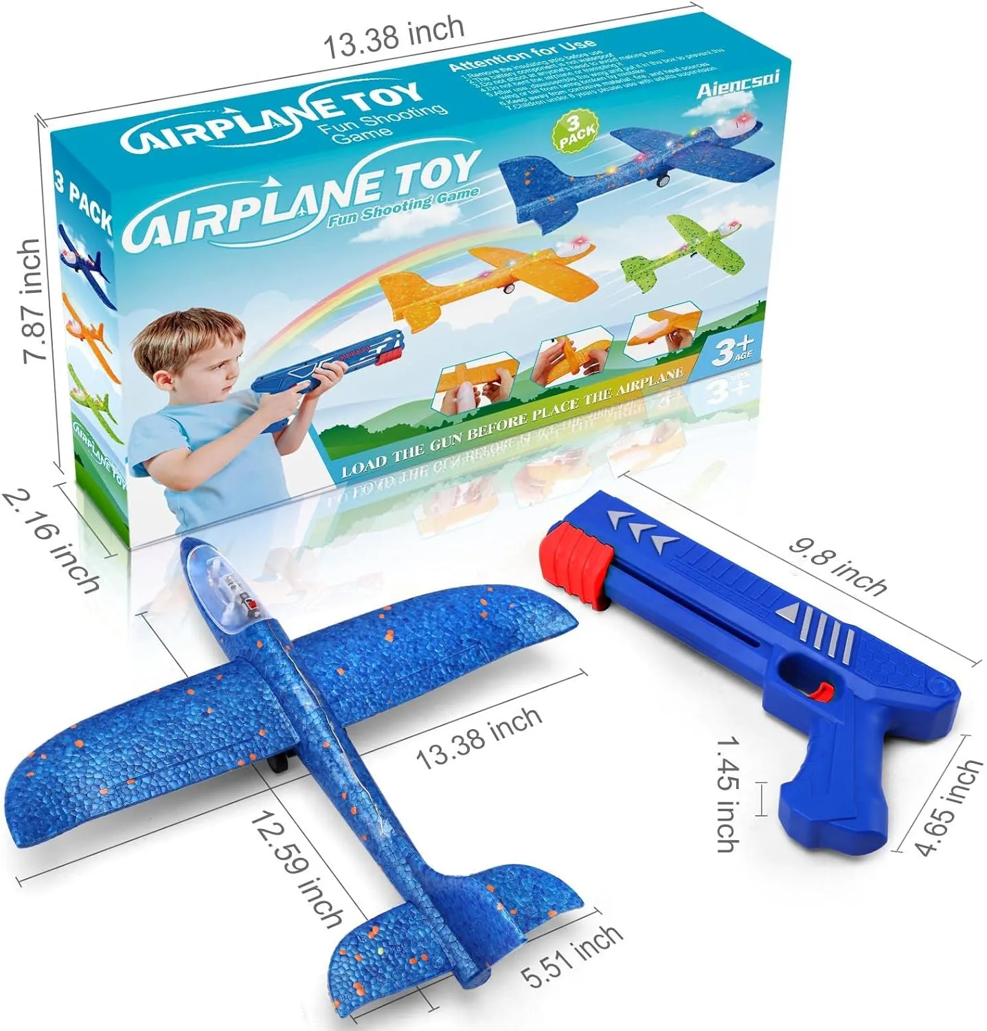3 Pack Airplane Launcher Toy, 12.6" Foam Glider Led Plane, 2 Flight Mode Catapult Plane for Kids Outdoor Sport Flying Toys Gifts for 4 5 6 7 8 9 10 12 Year Old Boys Girls
