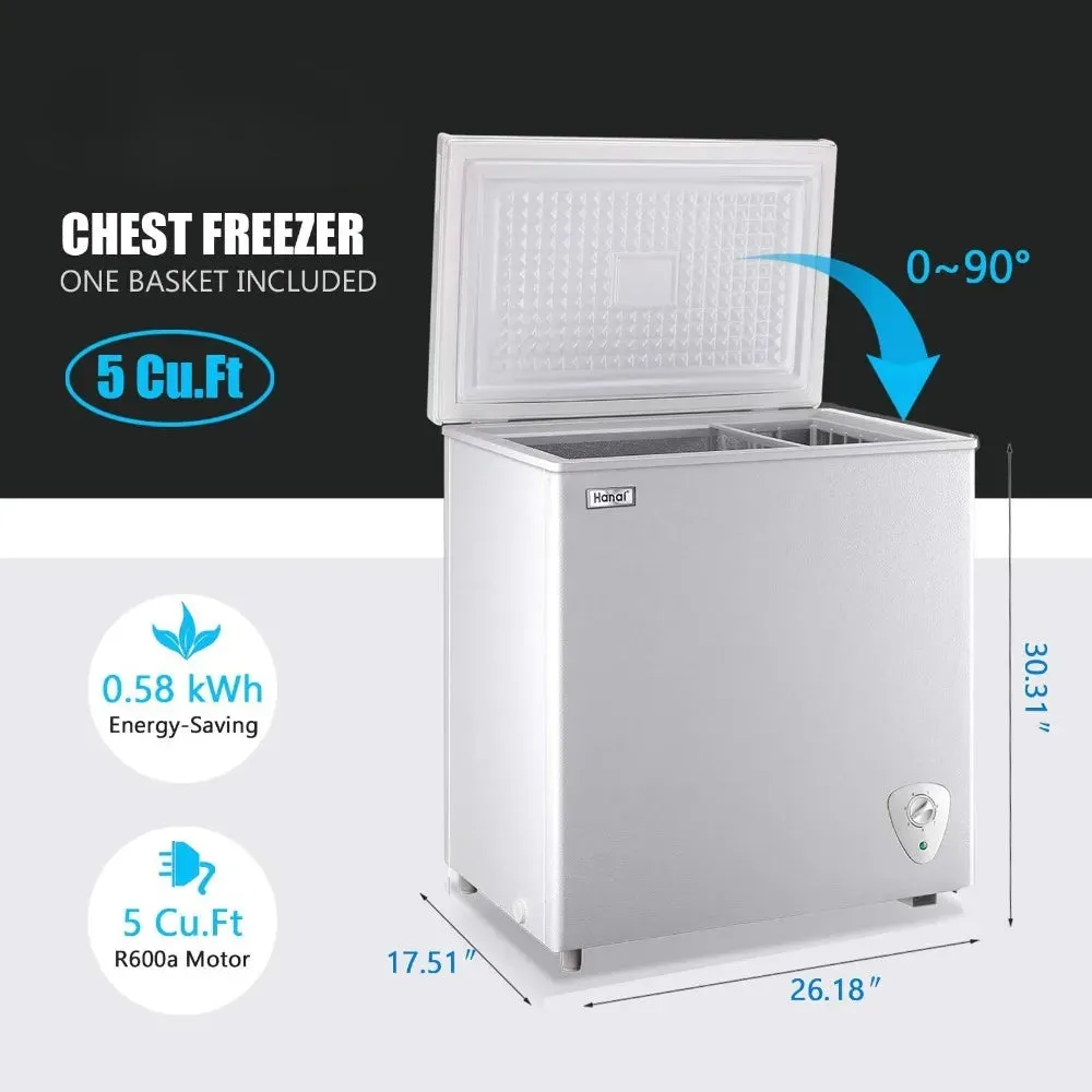 5.0 Cu.Ft Chest Freezer, Small Deep Freezer Black Top Door, Mini Freezer with Removable Basket and 7 Adjustable Temperature