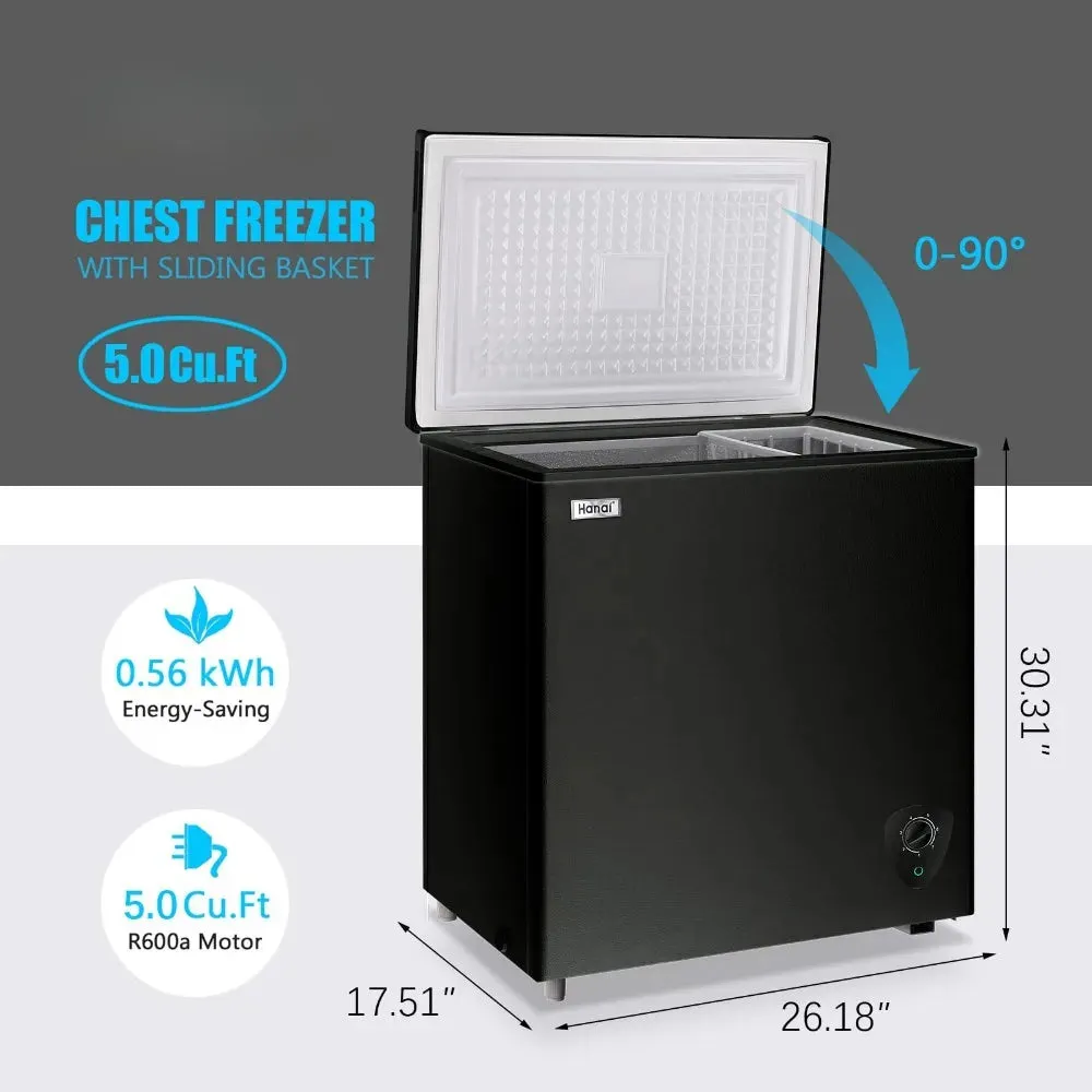 5.0 Cu.Ft Chest Freezer, Small Deep Freezer Black Top Door, Mini Freezer with Removable Basket and 7 Adjustable Temperature