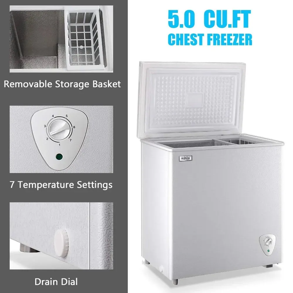 5.0 Cu.Ft Chest Freezer, Small Deep Freezer Black Top Door, Mini Freezer with Removable Basket and 7 Adjustable Temperature