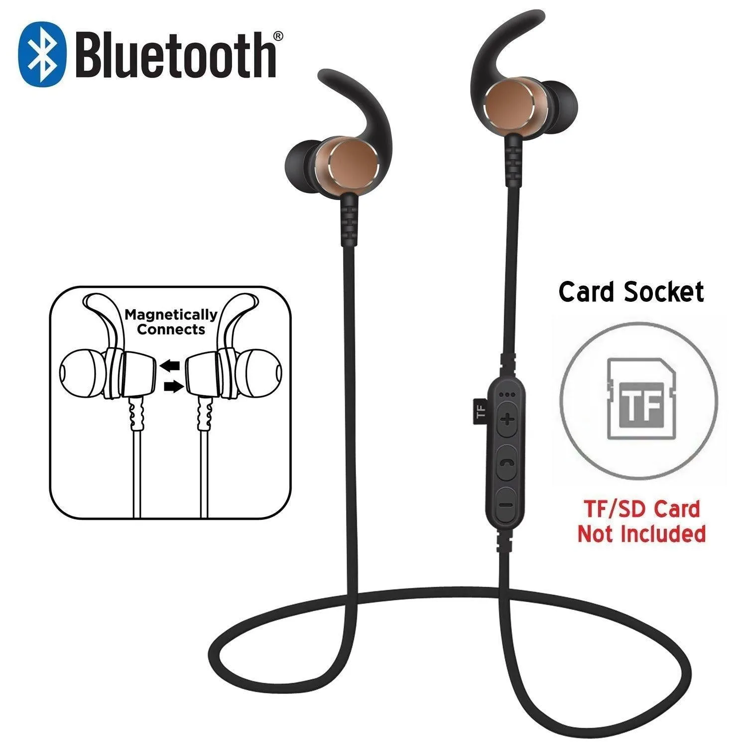 Bluetooth Wireless Sweat-proof Sports Magnetic Earbud Headphones With SD Card Slot by Modes
