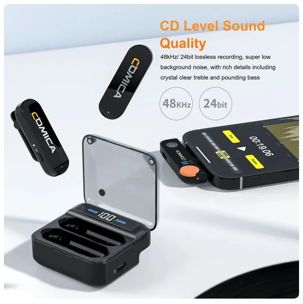 Comica Vimo S 2.4G Wireless Lapel Microphone With Charging Box. From Home Office to the Outdoors, this is a must-have for any video enthsiast or future online Influencer !