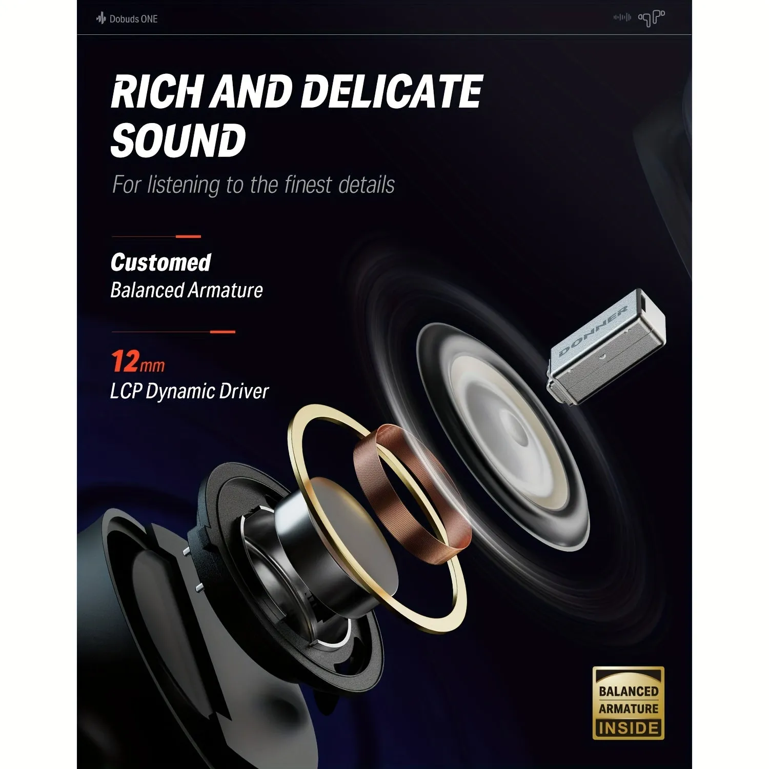 Donner Noise Cancelling Wireless Earbuds, Wireless 5.2 Earphones With 4 Mic Clear Calls, 12mm Drivers, App For Custom EQ, 32H Playtime, Fast Charging, Transparency - Dobuds ONE