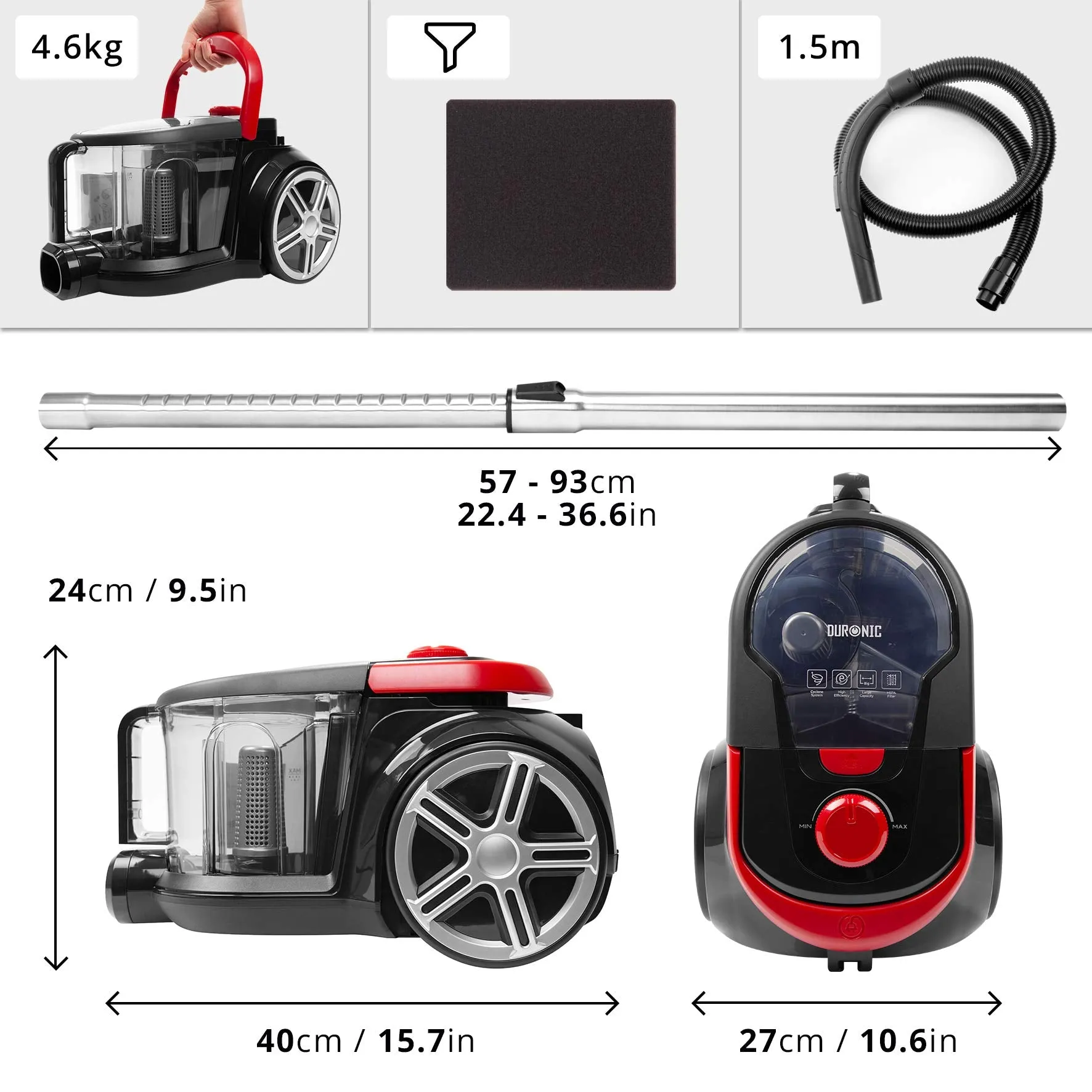 Duronic Bagless Cylinder Vacuum Cleaner VC7020 | Cyclonic Pet Carpet and Hard Floor Cleaner | 700W | Washable HEPA Filter | Extendable Hose | Turbo Brush & 2-in-1 Tool Included [Energy Class A ]