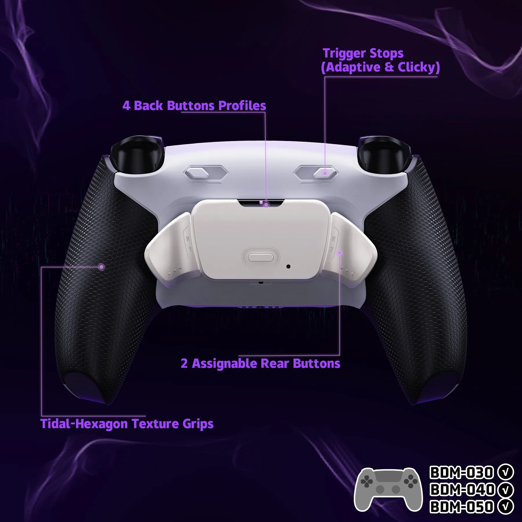 eXtremeRate Real Metal Buttons (RMB) Version RISE Plus MAX Back Paddles Kit with Clicky Trigger Stops & Rubberized Grip for PS5 Controller BDM-030/040/050 - White Black - Silver