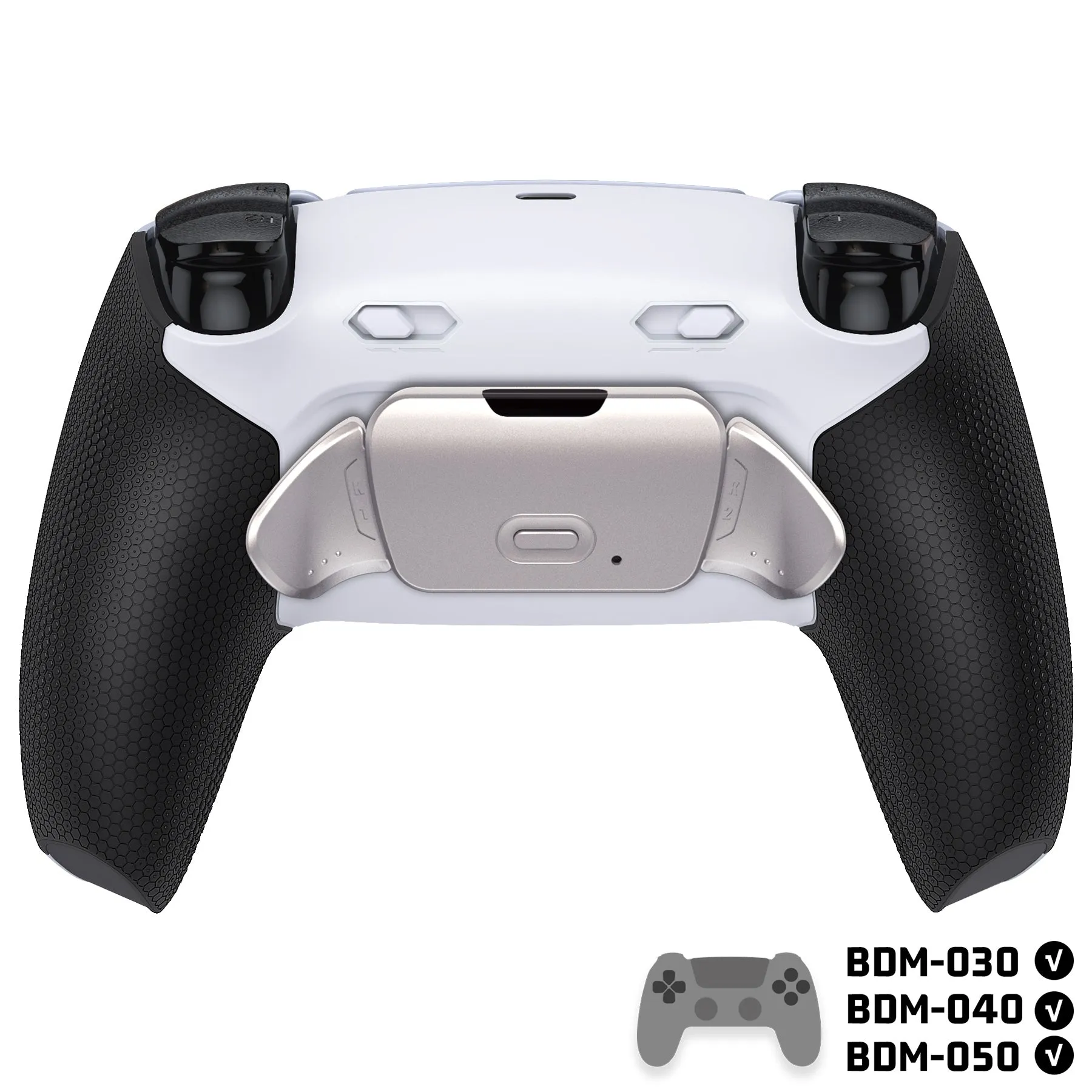 eXtremeRate Real Metal Buttons (RMB) Version RISE Plus MAX Back Paddles Kit with Clicky Trigger Stops & Rubberized Grip for PS5 Controller BDM-030/040/050 - White Black - Silver