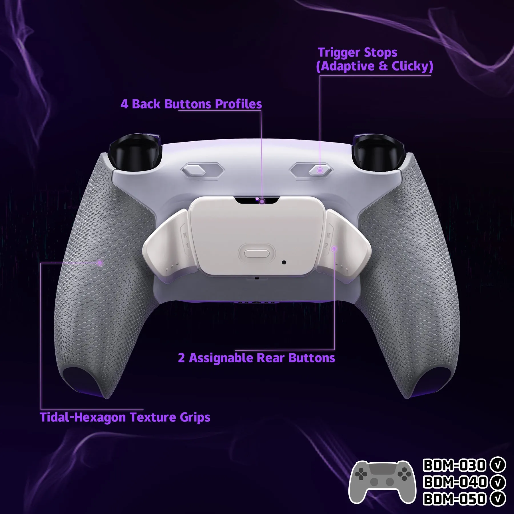 eXtremeRate Real Metal Buttons (RMB) Version RISE Plus MAX Back Paddles Kit with Clicky Trigger Stops & Rubberized Grip for PS5 Controller BDM-030/040/050 - White Gray - Silver