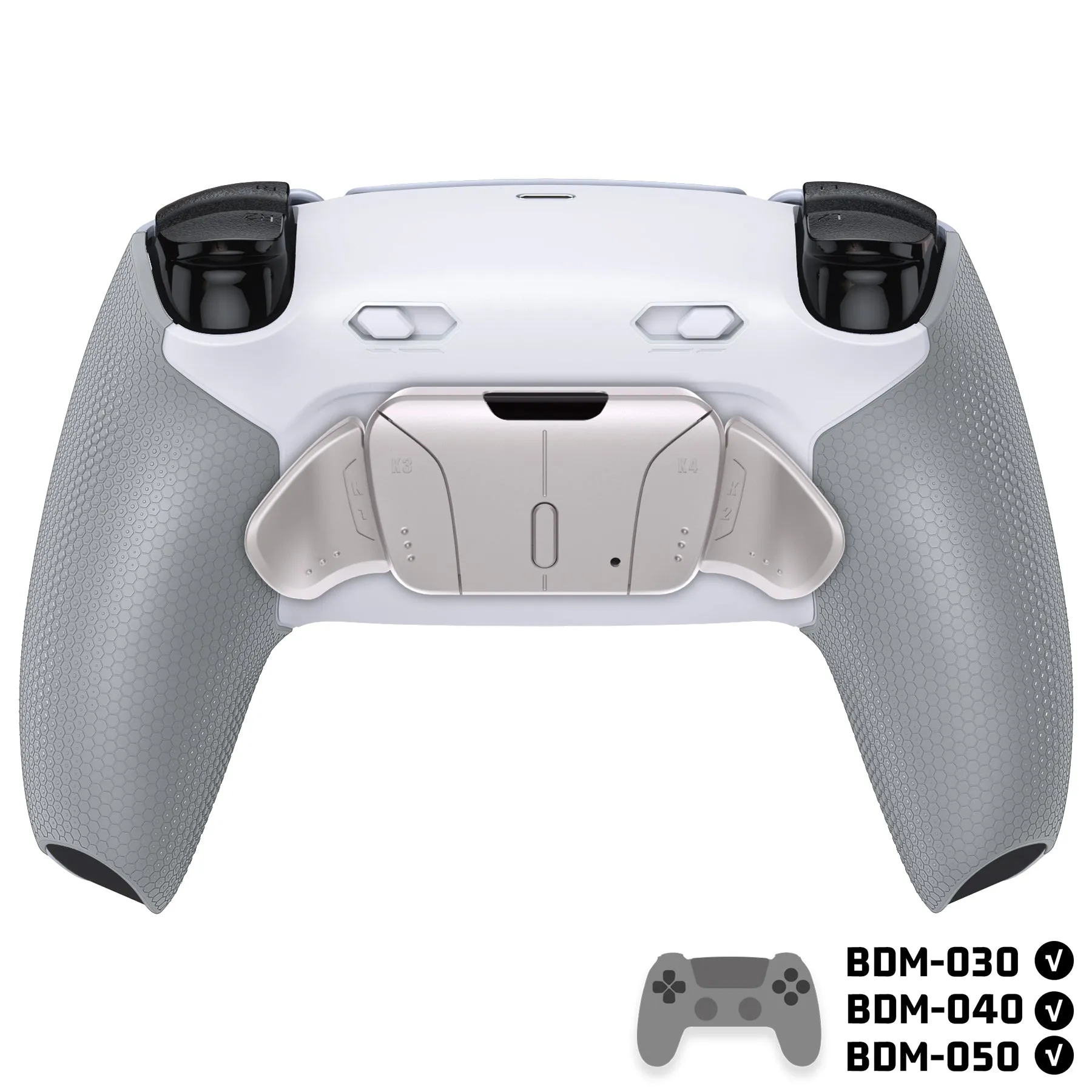 eXtremeRate Real Metal Buttons (RMB) Version RISE4 Plus MAX Back Paddles Kit with Clicky Trigger Stops & Rubberized Grip for PS5 Controller BDM-030/040/050 - White Gray - Silver - HKCPFJ002M2