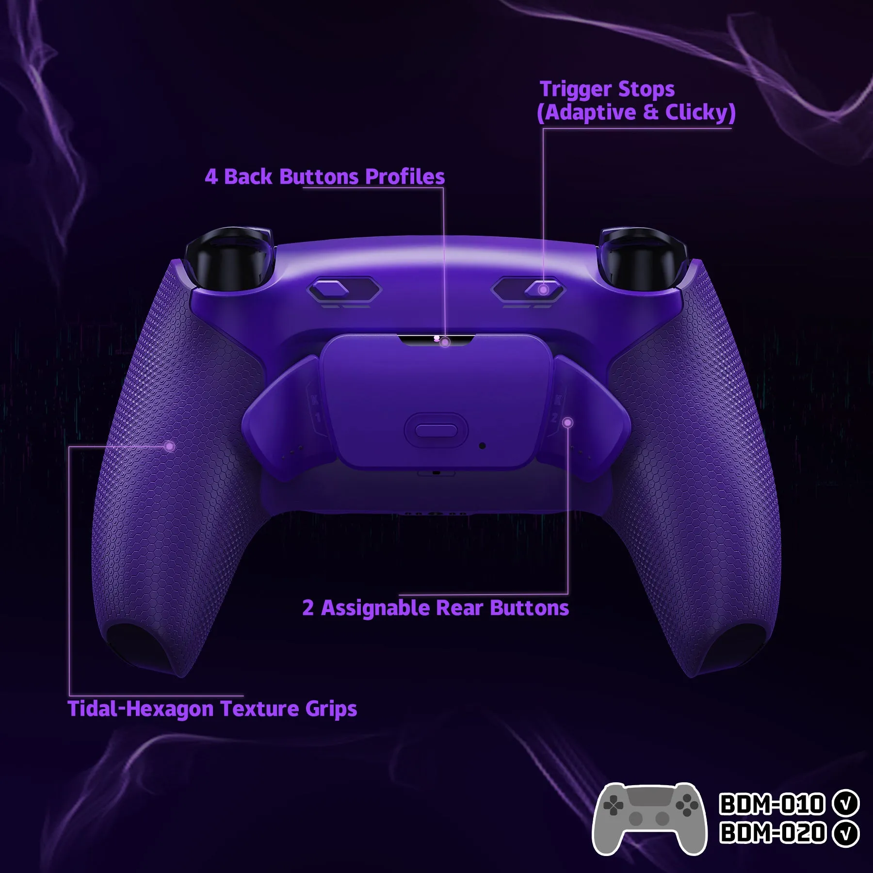eXtremeRate RISE Plus MAX Back Paddles Kit with Clicky Trigger Stops & Rubberized Grip for PS5 Controller BDM-010/020 - Galactic Purple - GQTPFM005
