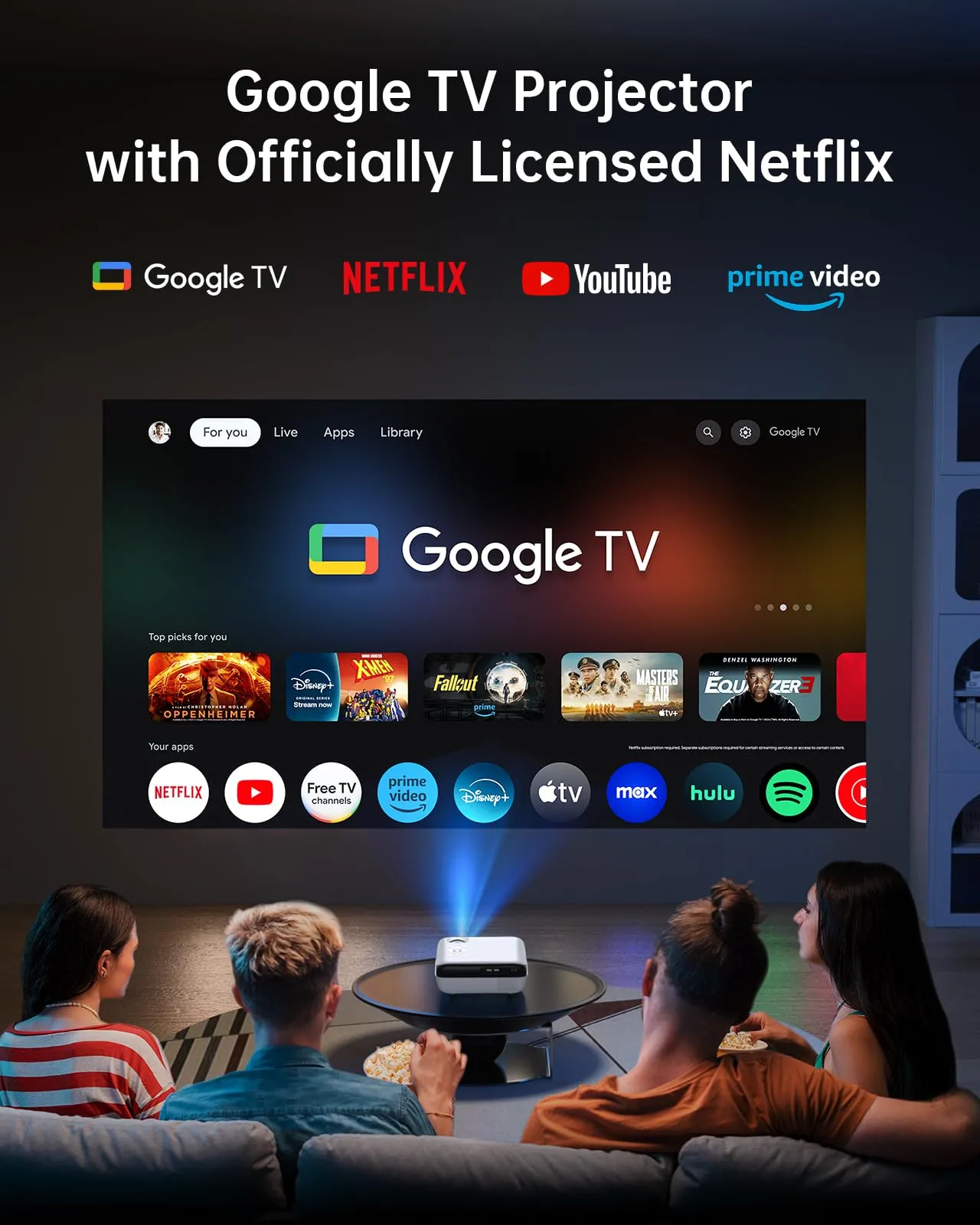 HAPPRUN Projector, Google TV Projector with WiFi and Bluetooth, 4K Support, Netflix-Licensed, HDR 10 , Native 1080P Outdoor Movie Projector, Smart Home Theater Projector Support Google Cast & Airplay