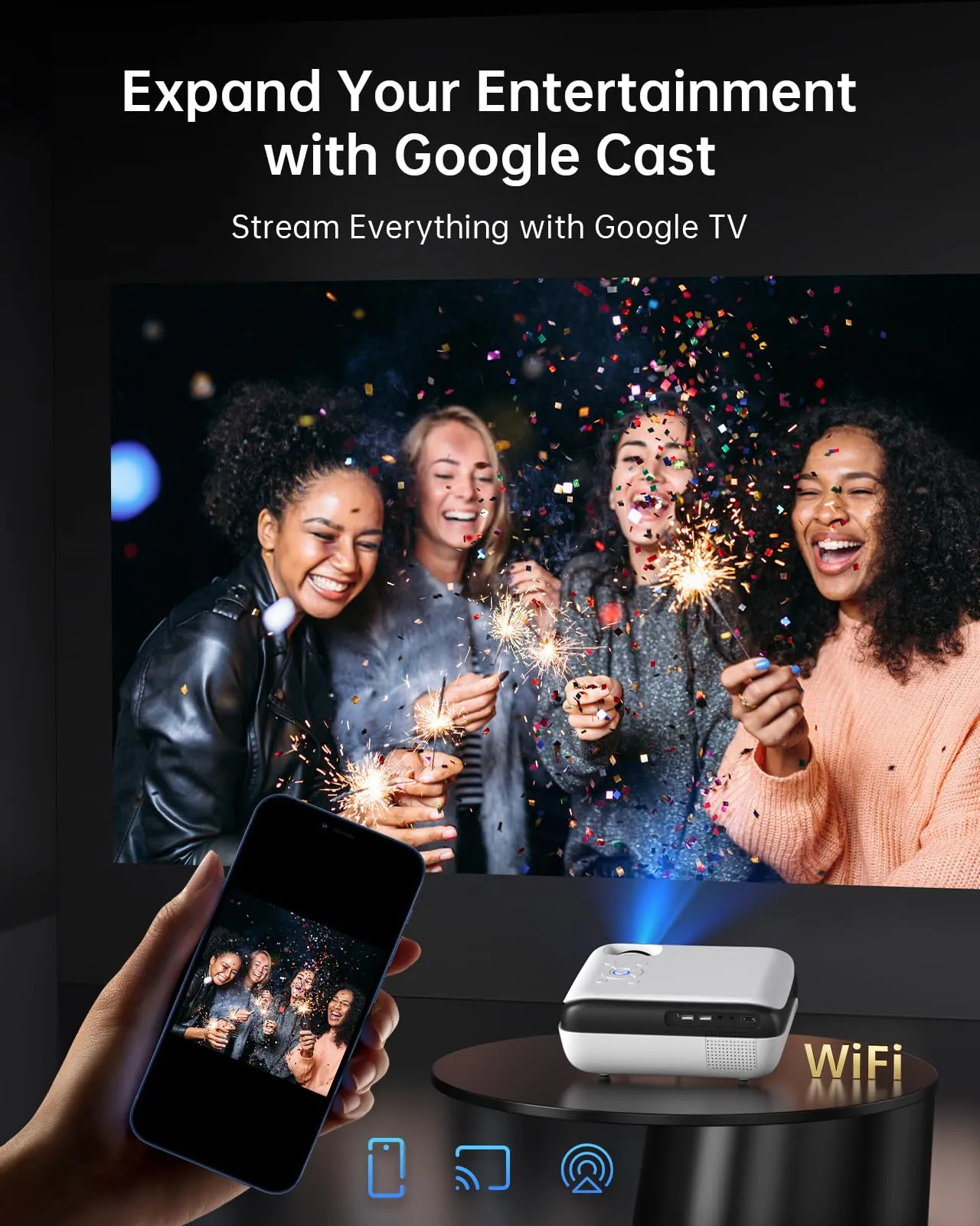 HAPPRUN Projector, Google TV Projector with WiFi and Bluetooth, 4K Support, Netflix-Licensed, HDR 10 , Native 1080P Outdoor Movie Projector, Smart Home Theater Projector Support Google Cast & Airplay