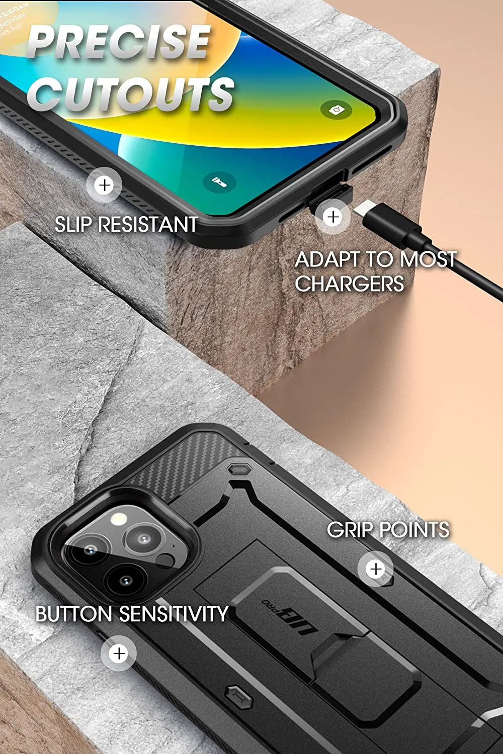iPhone 14 Pro Max 6.7", Protector & Kickstand & Belt-Clip Heavy Duty Rugged Case Black