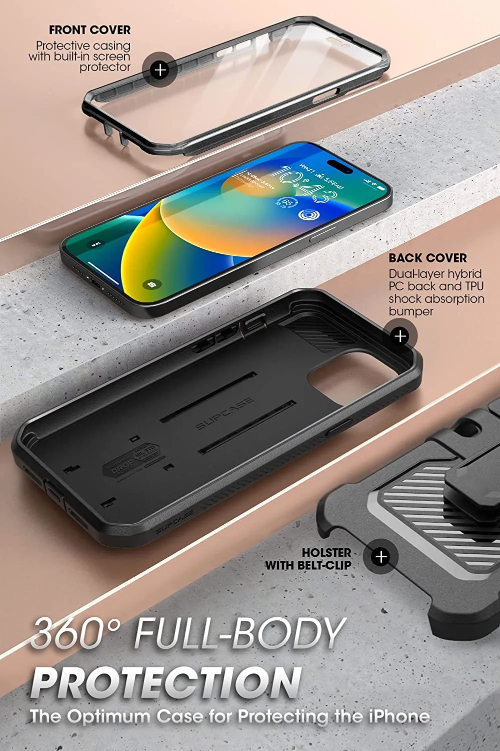 iPhone 14 Pro Max 6.7", Protector & Kickstand & Belt-Clip Heavy Duty Rugged Case Black