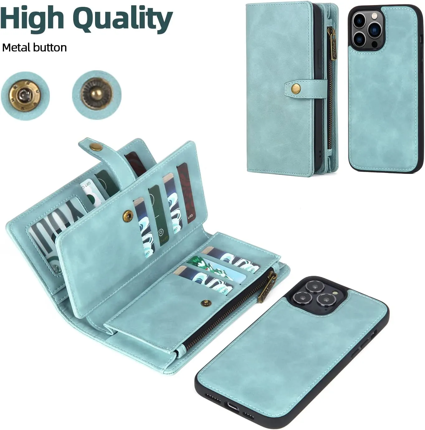 iPhone 14 Pro Max Wallet Case,2 in 1 Detachable Magnetic Wallet Case Max Green