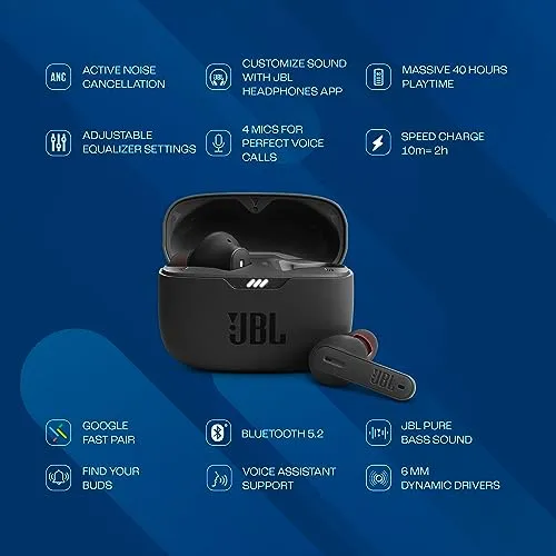 JBL Tune 235NC in Ear Wireless ANC Earbuds (TWS), Massive 40Hrs Playtime with Speed Charge, Customizable Bass with Headphones App, 4 Mics for Perfect Calls, Google Fast Pair, Bluetooth 5.2 (Black)