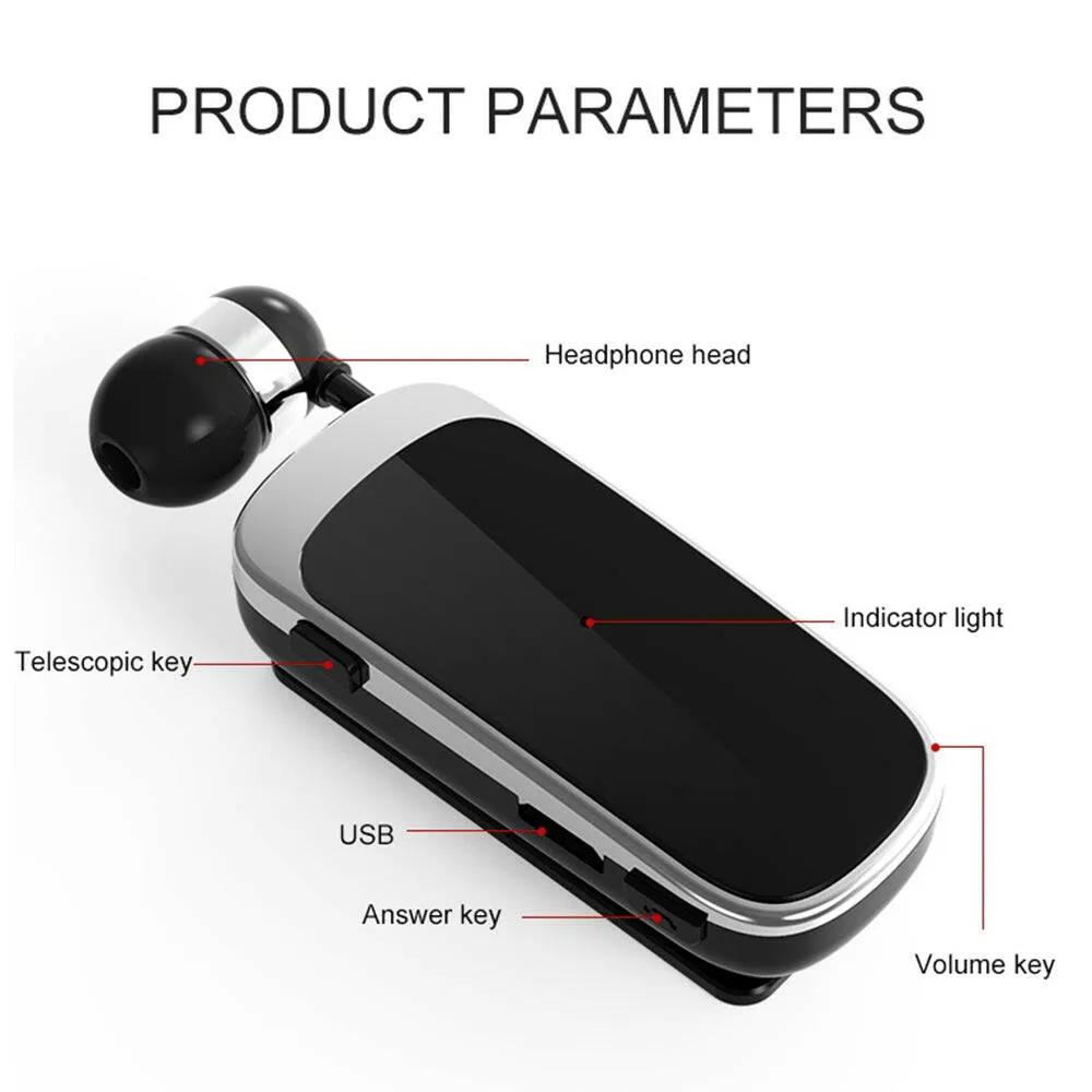 K52 Wireless Business BT Headset in-Ear Retractable Earphone Hands-free Sport Driver Earphone Telescopic Clip on Stereo Earbud With Mic