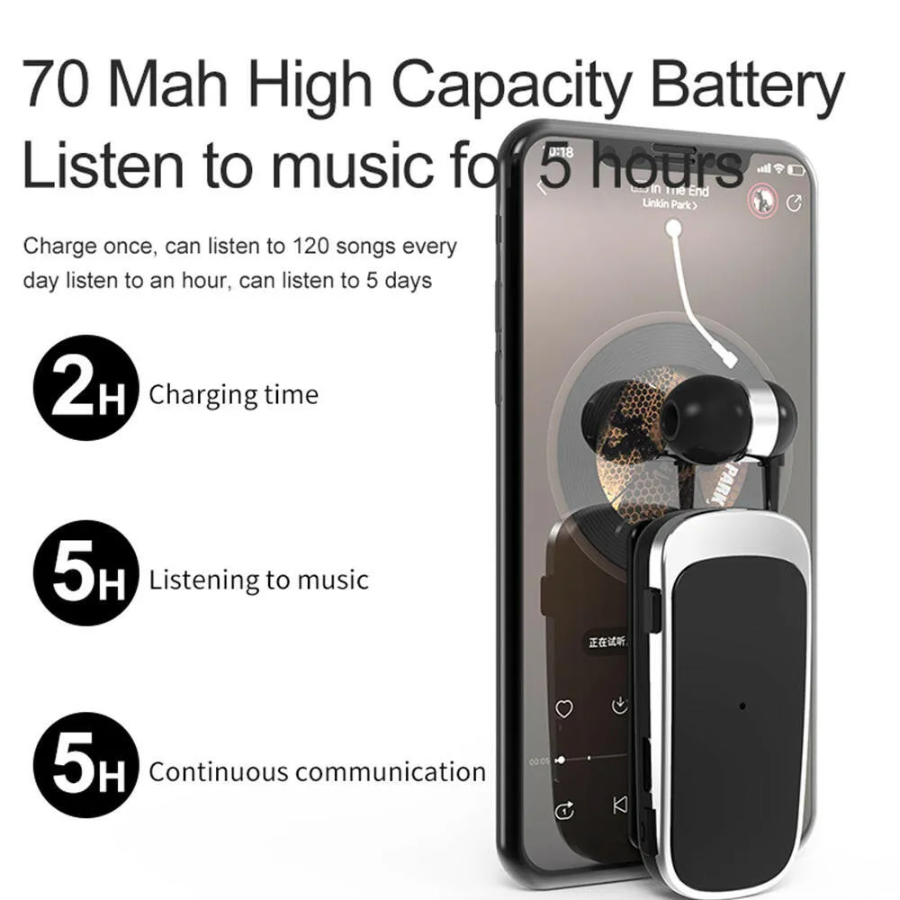 K52 Wireless Business BT Headset in-Ear Retractable Earphone Hands-free Sport Driver Earphone Telescopic Clip on Stereo Earbud With Mic