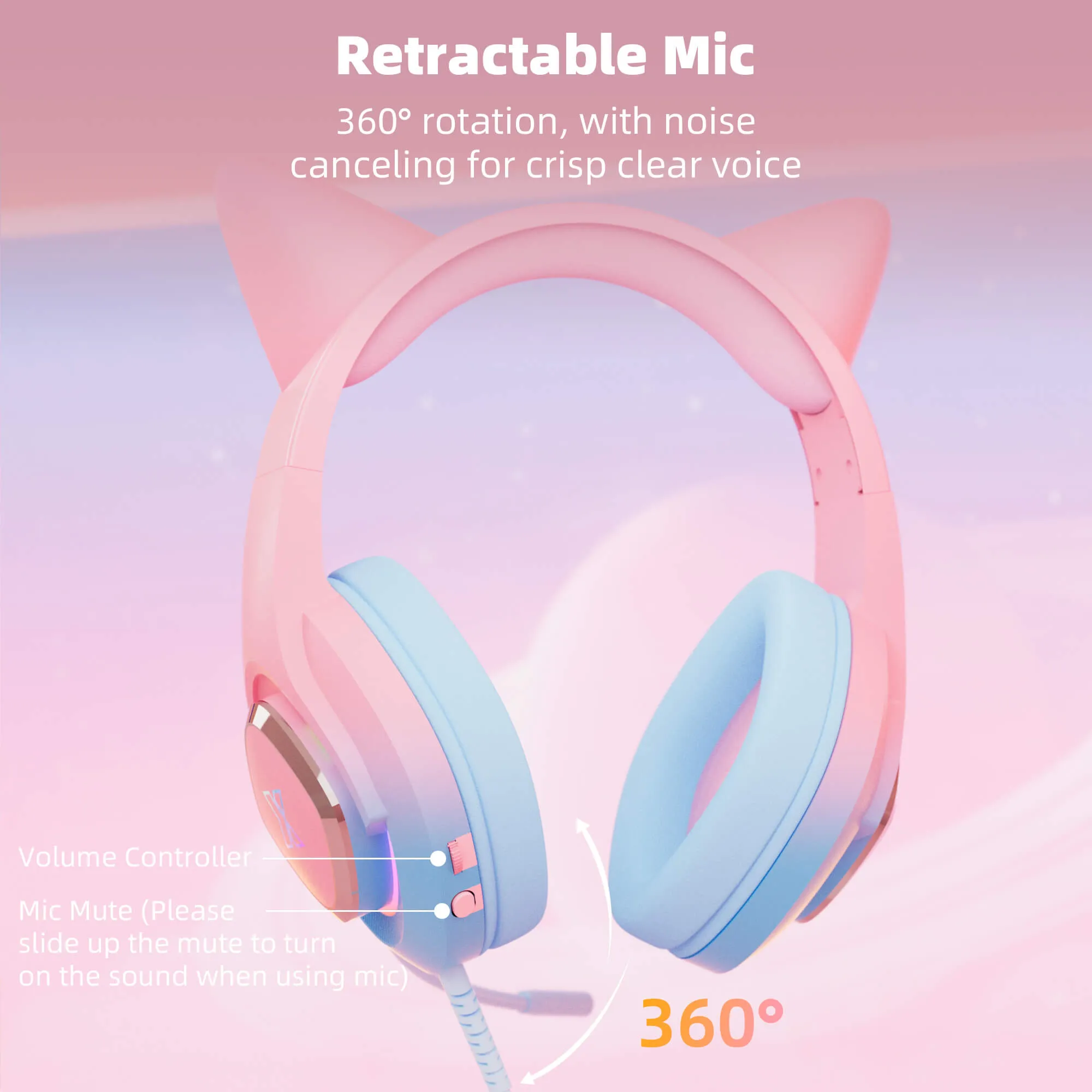 Mytrix Cat Ear Gaming Headset with 360° Rotation Microphone Compatible with PS4, PS5, Xbox, PC, MAC, Switch