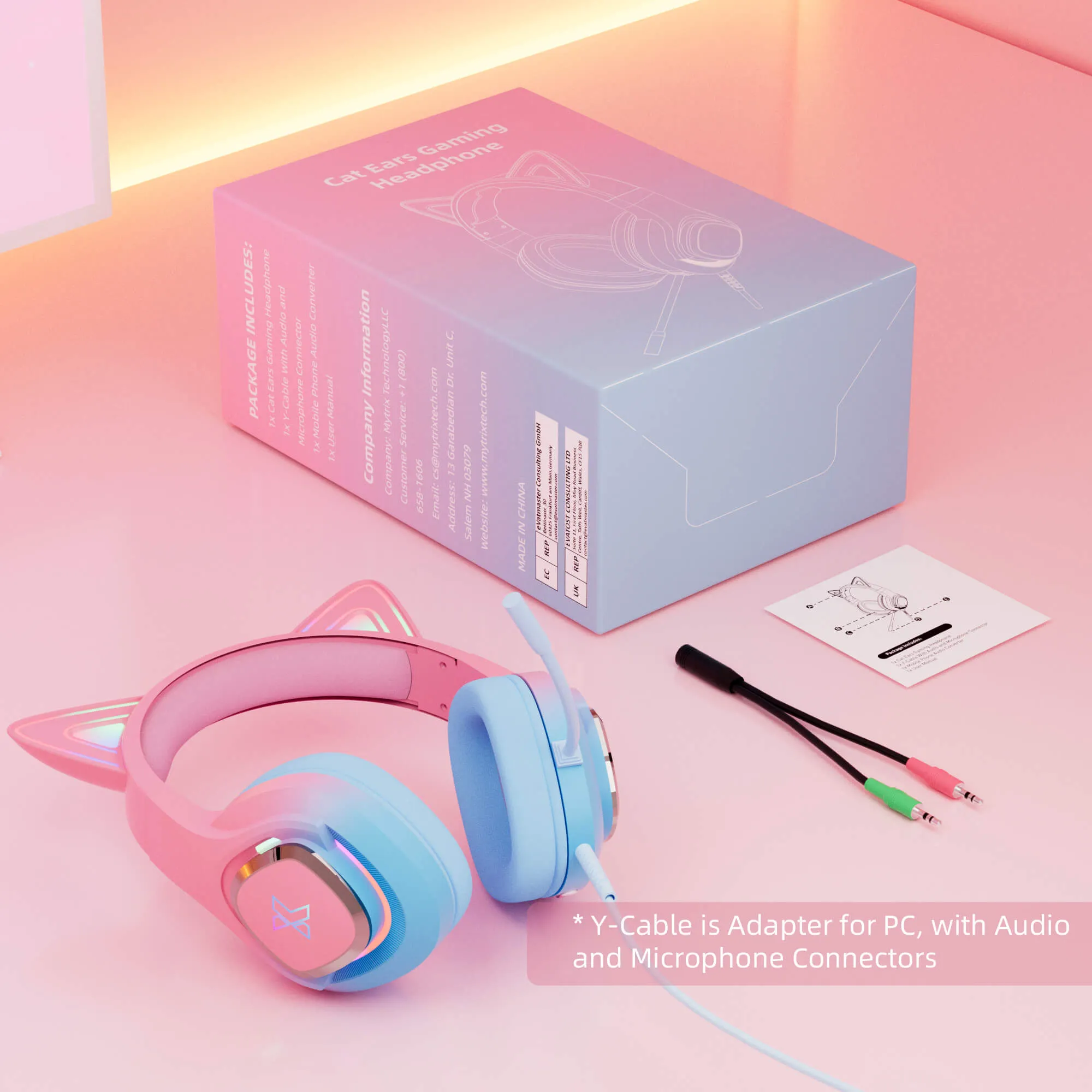 Mytrix Cat Ear Gaming Headset with 360° Rotation Microphone Compatible with PS4, PS5, Xbox, PC, MAC, Switch