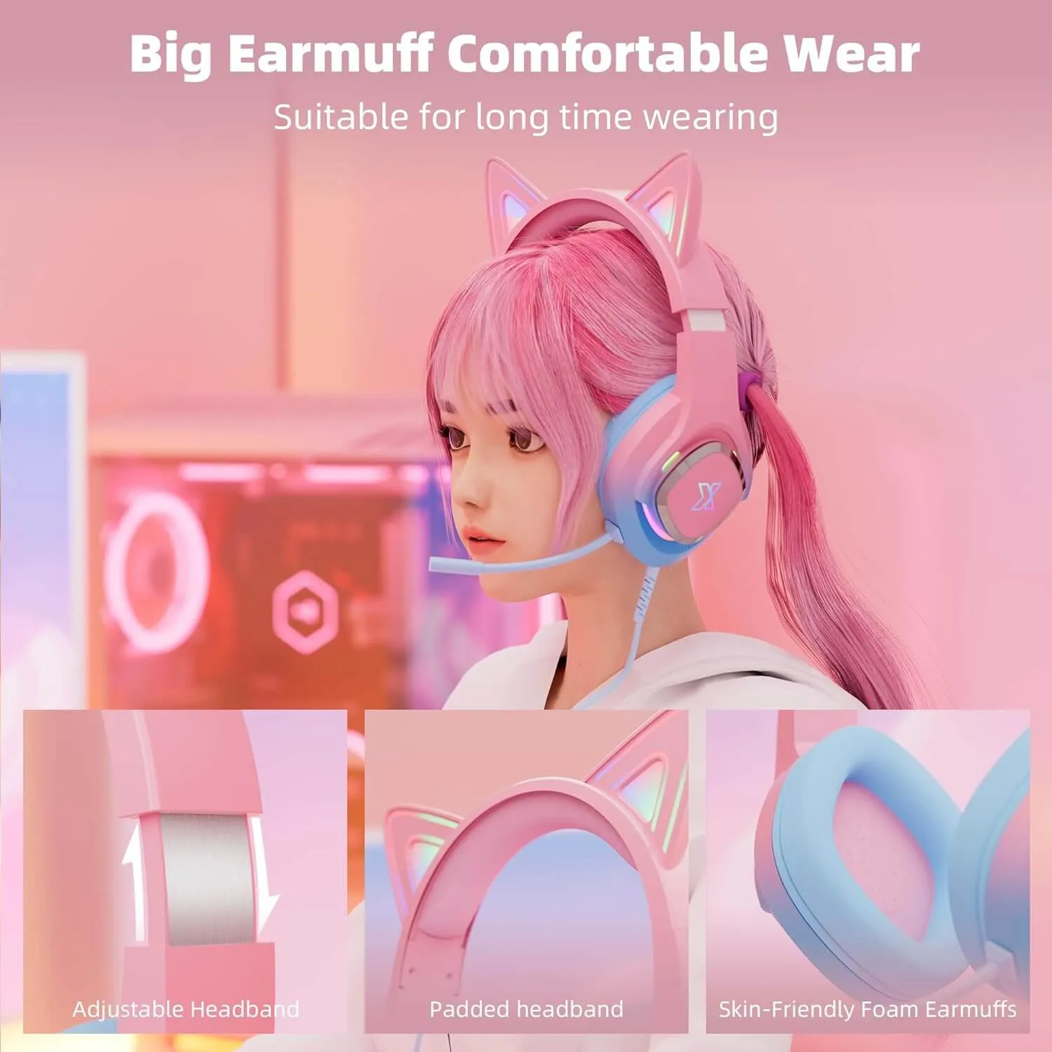 Mytrix Cat Ear Gaming Headset with 360° Rotation Microphone Compatible with PS4, PS5, Xbox, PC, MAC, Switch