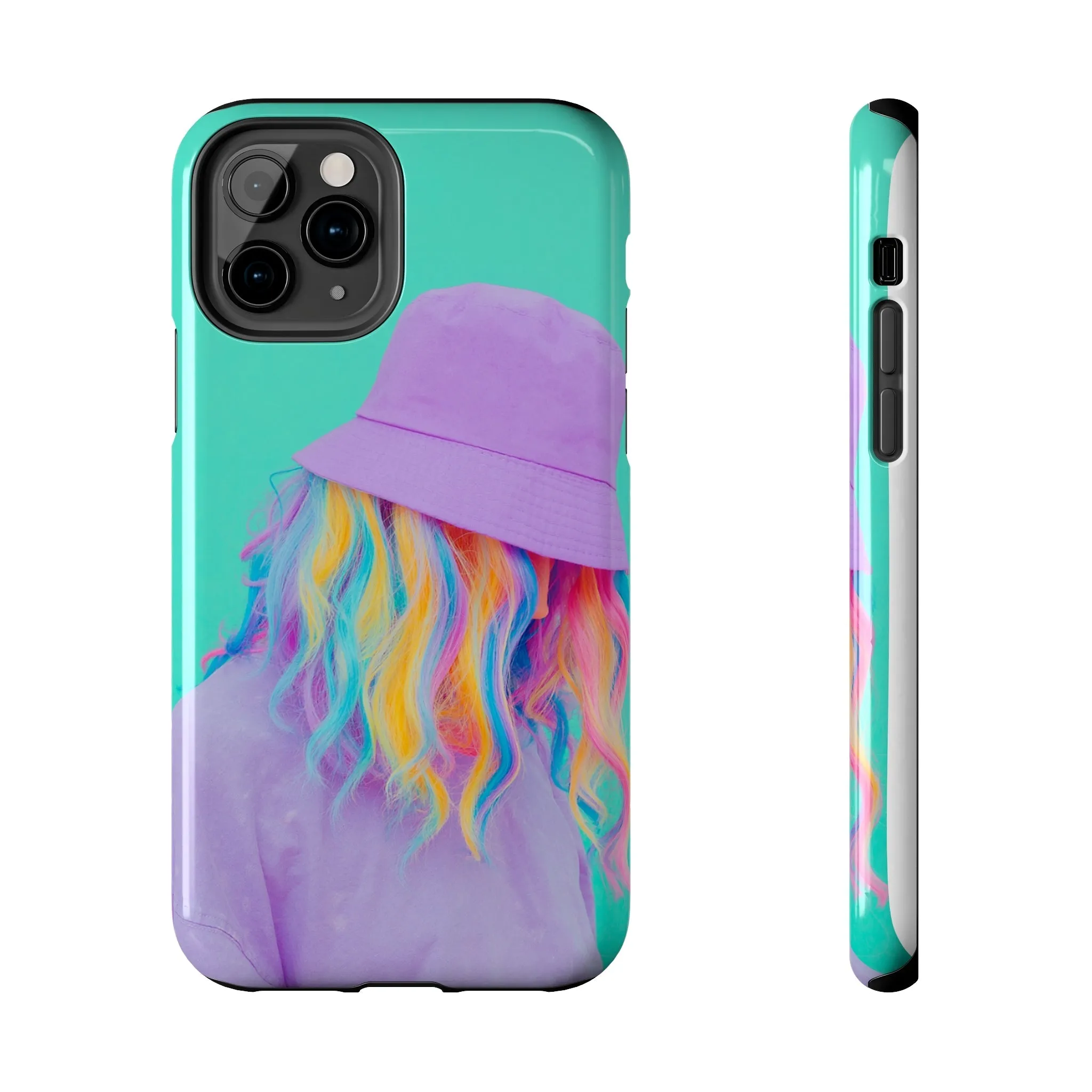 Neon Turquoise Girl with Purple Hat Phone Cover: Colorful Hair Stylish Protection