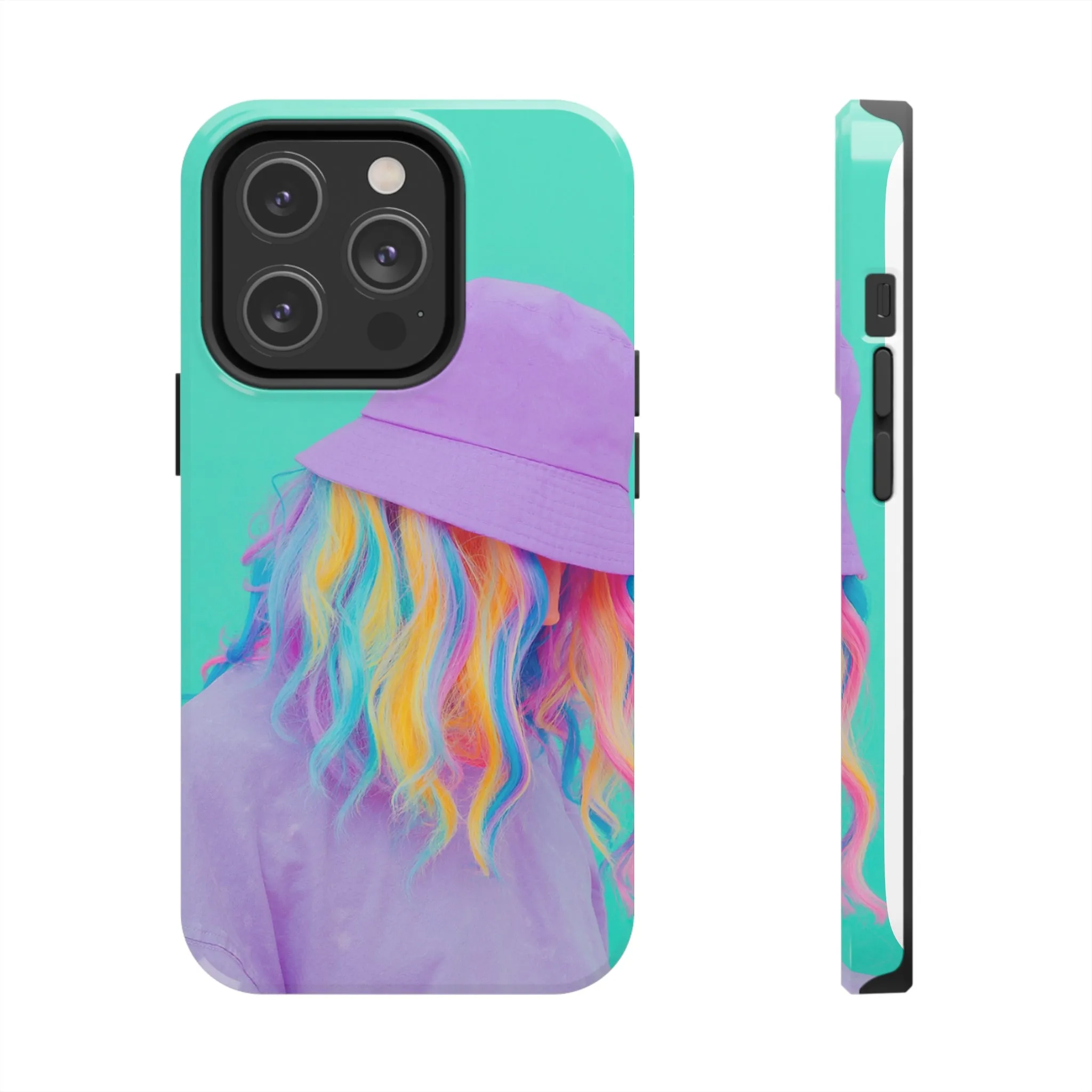 Neon Turquoise Girl with Purple Hat Phone Cover: Colorful Hair Stylish Protection