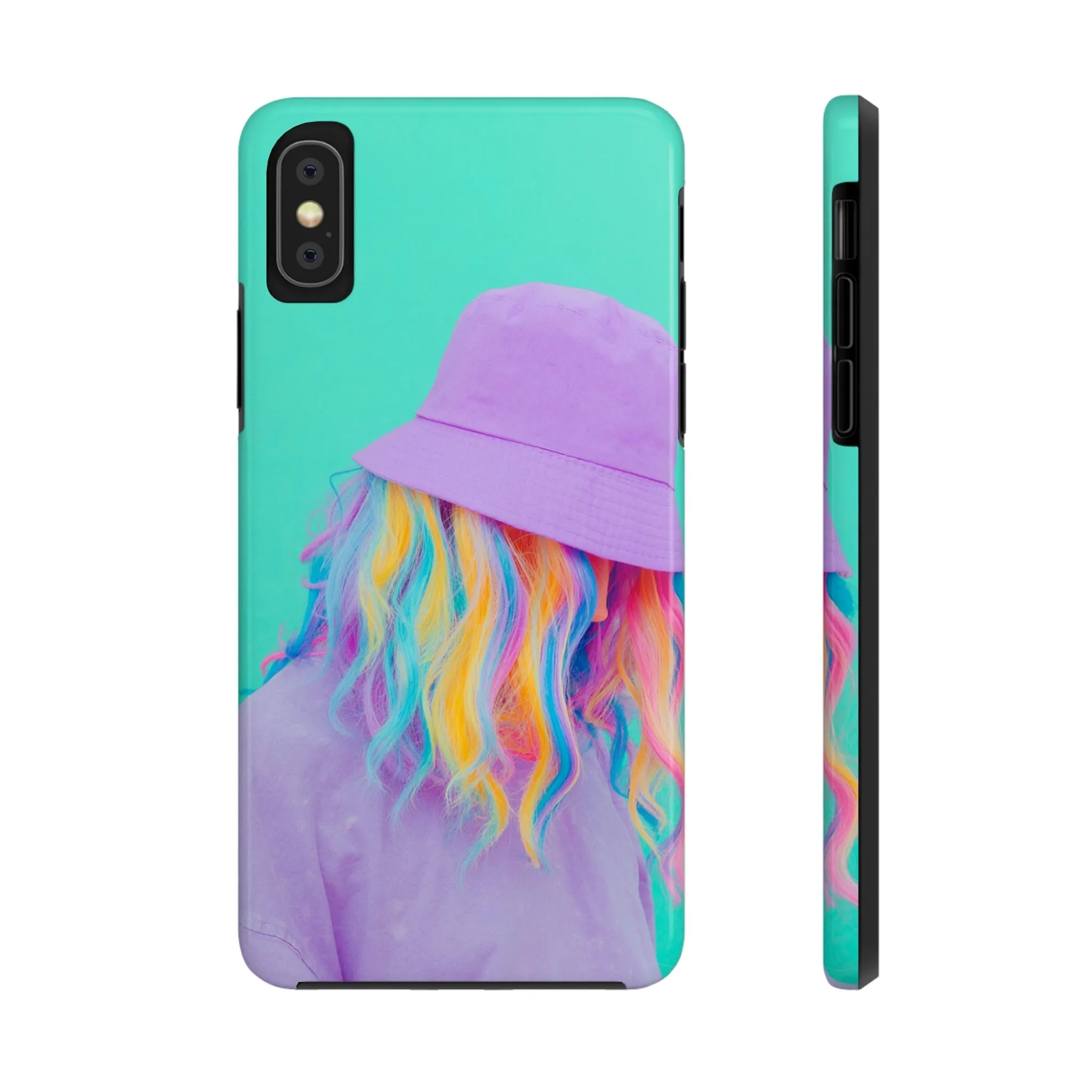Neon Turquoise Girl with Purple Hat Phone Cover: Colorful Hair Stylish Protection