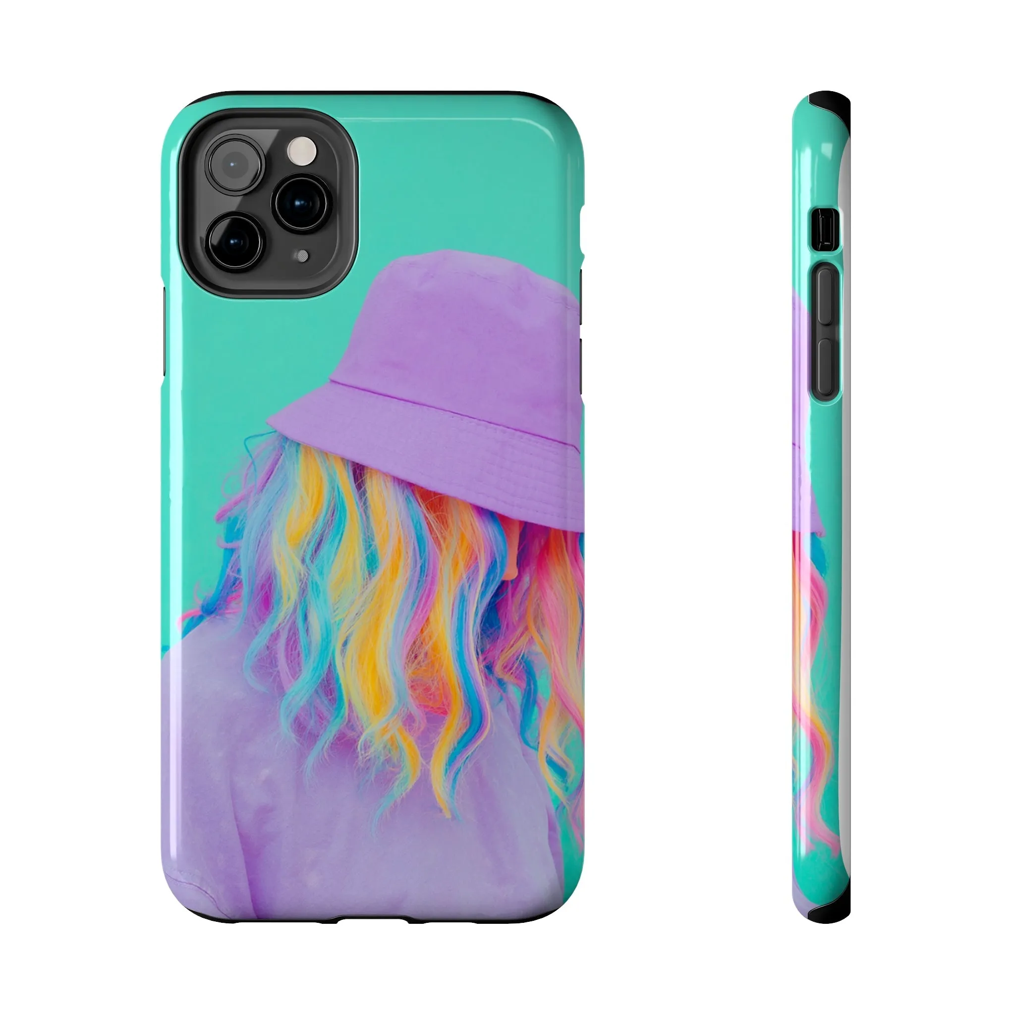Neon Turquoise Girl with Purple Hat Phone Cover: Colorful Hair Stylish Protection