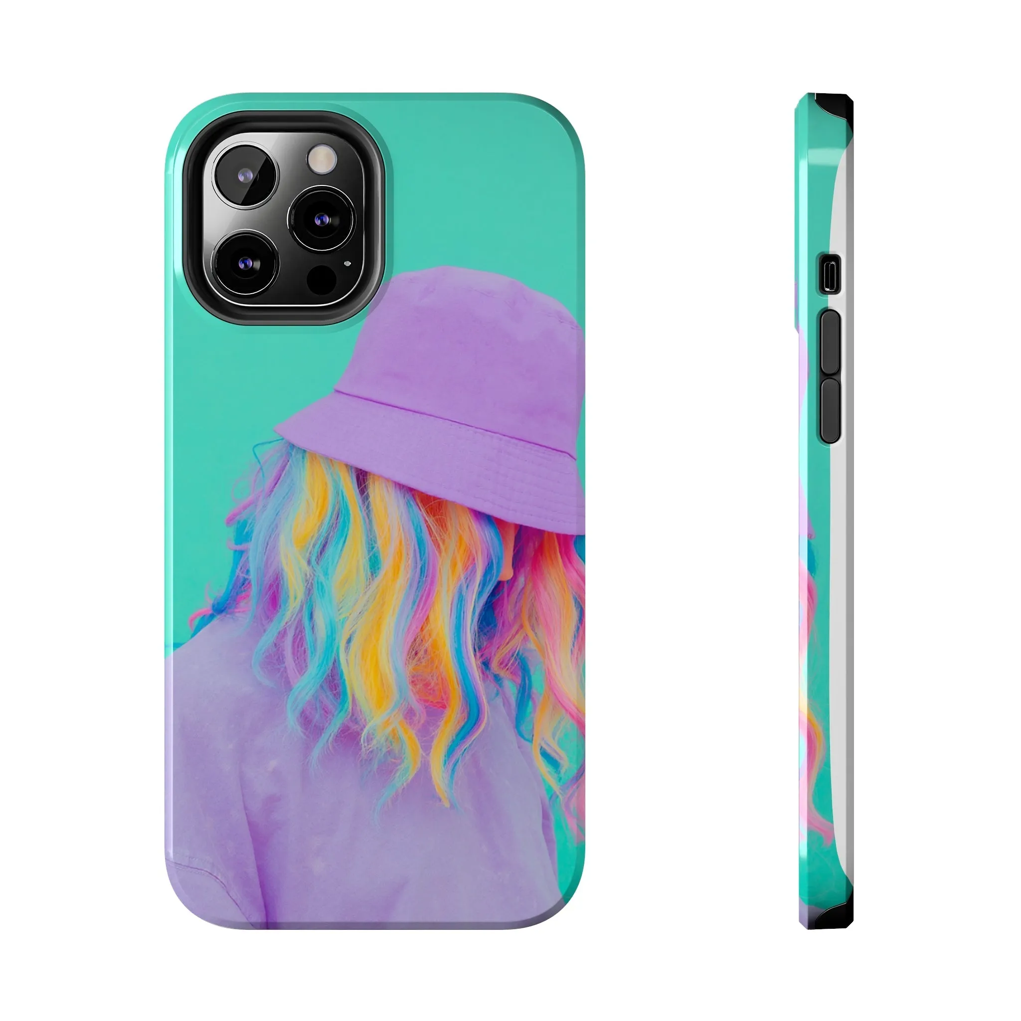 Neon Turquoise Girl with Purple Hat Phone Cover: Colorful Hair Stylish Protection