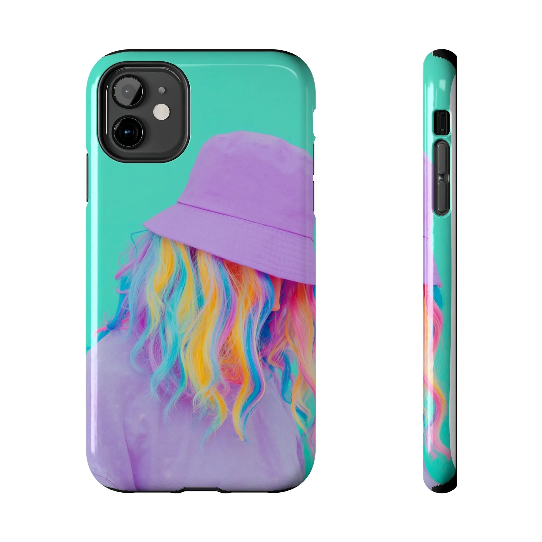 Neon Turquoise Girl with Purple Hat Phone Cover: Colorful Hair Stylish Protection