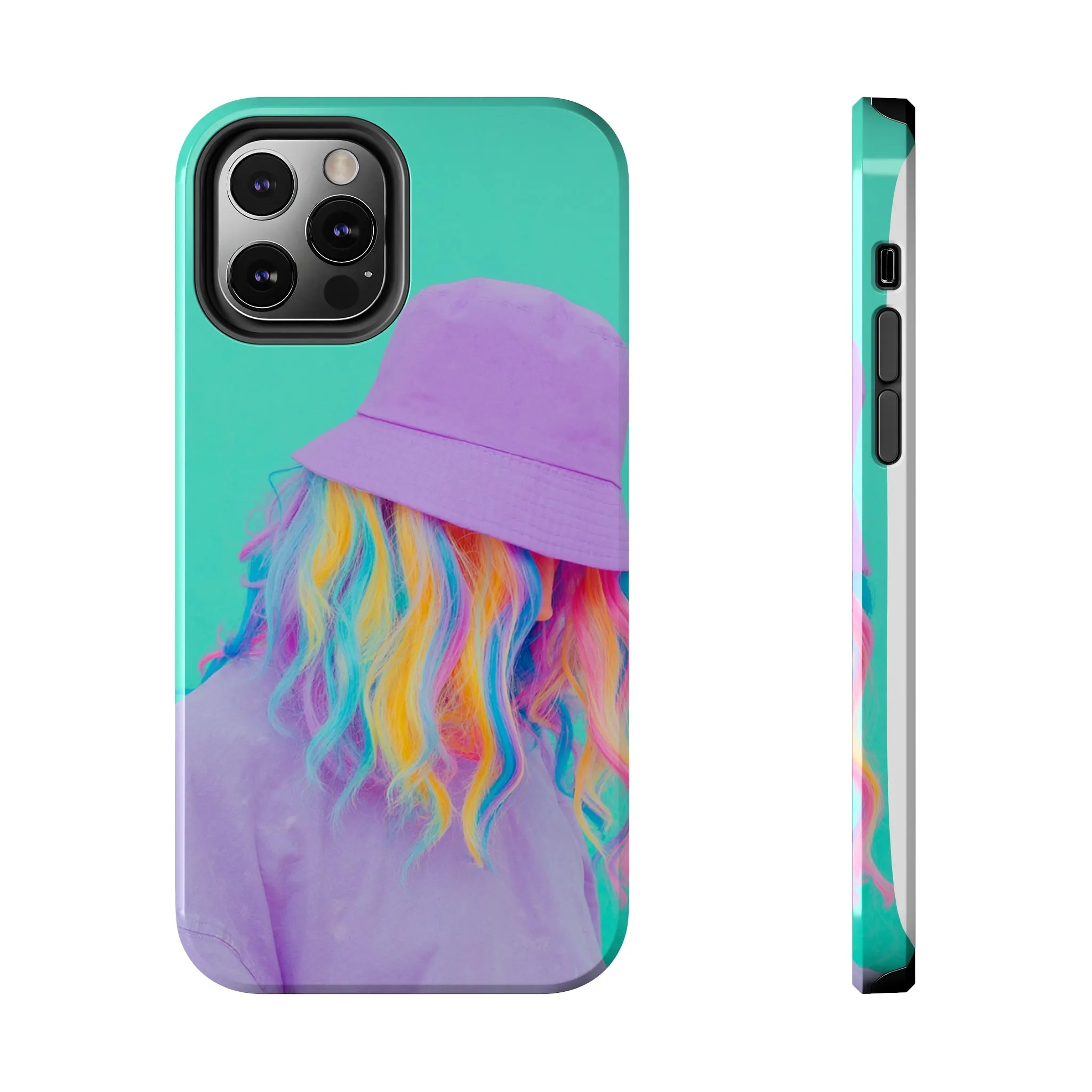 Neon Turquoise Girl with Purple Hat Phone Cover: Colorful Hair Stylish Protection