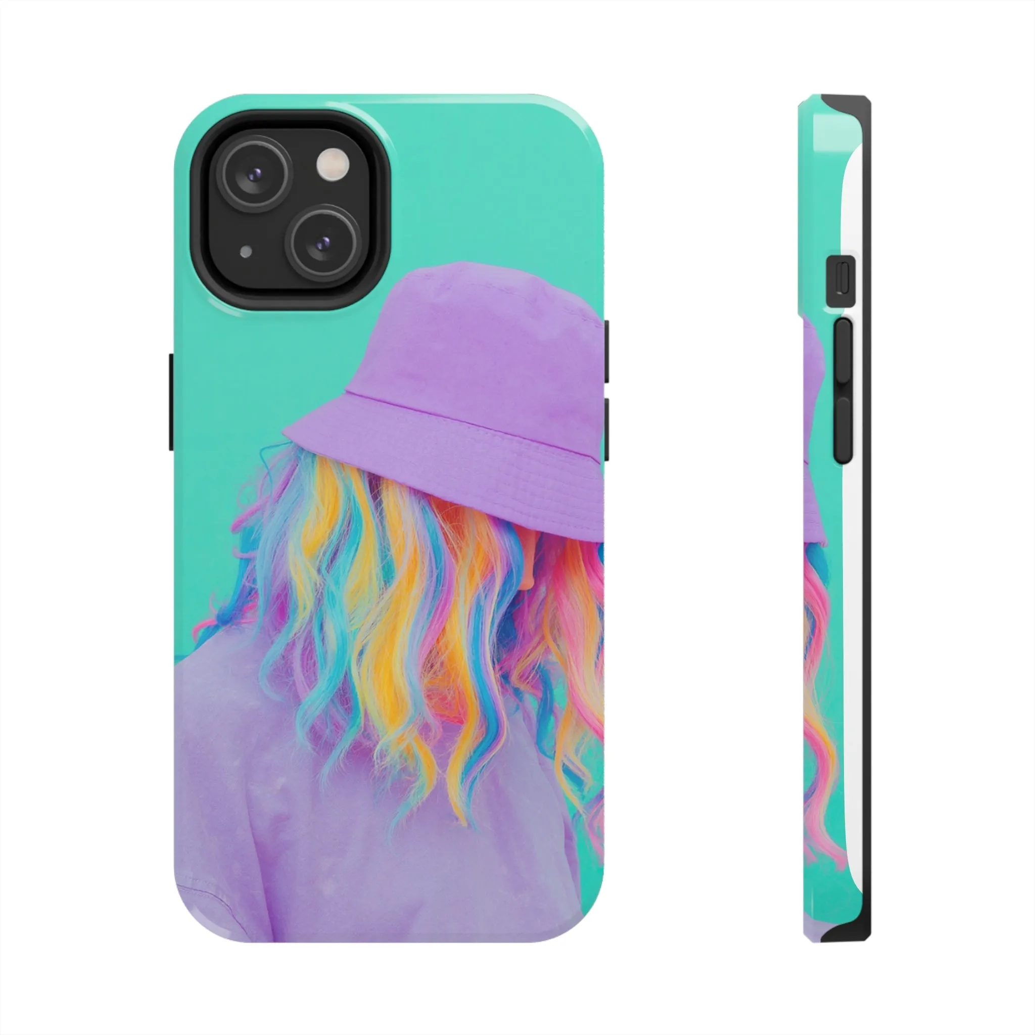 Neon Turquoise Girl with Purple Hat Phone Cover: Colorful Hair Stylish Protection