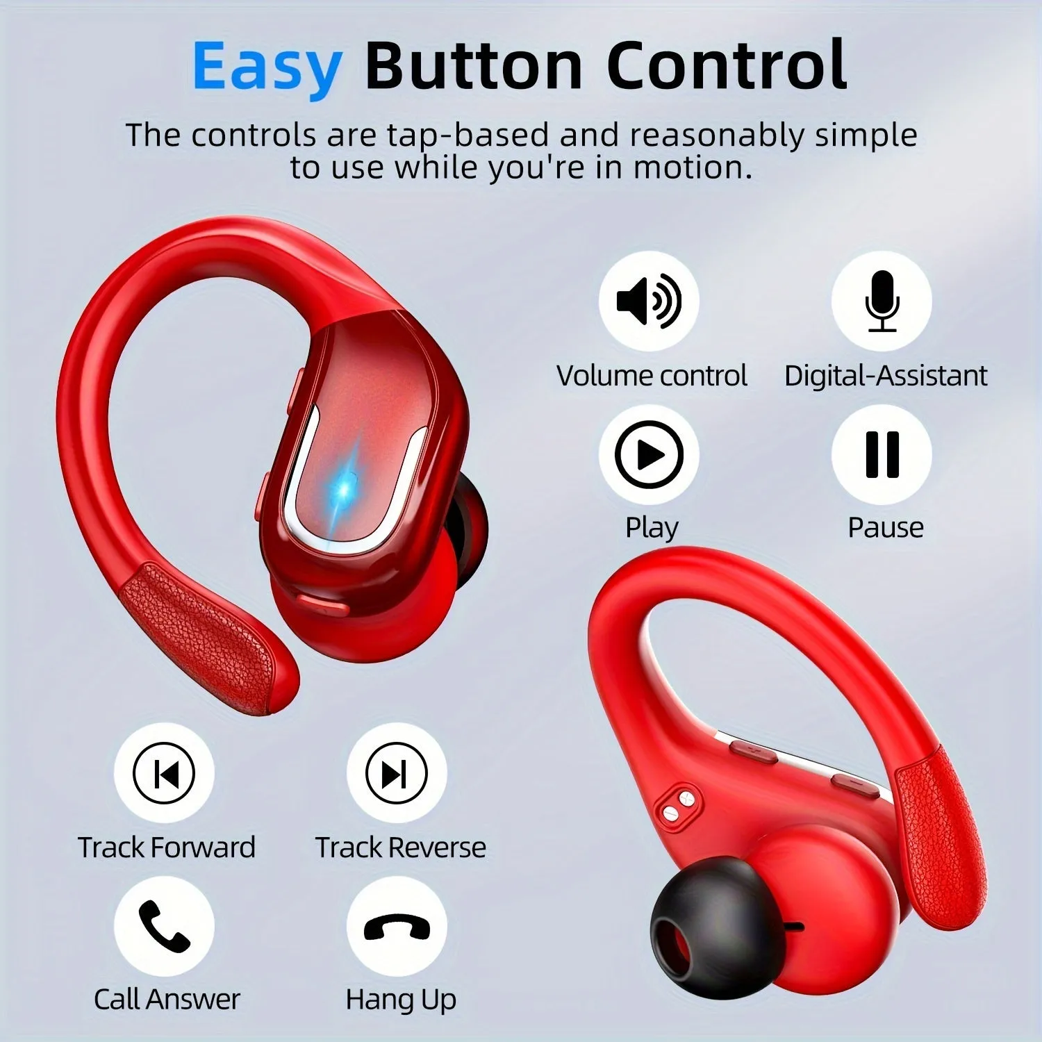 New Wireless Earbuds For Running Sports, Wireless Earphones With Earhooks, Dual-LED Display, Noise Cancelling Sports Earphones For Android/iOS Smartphones (Red)