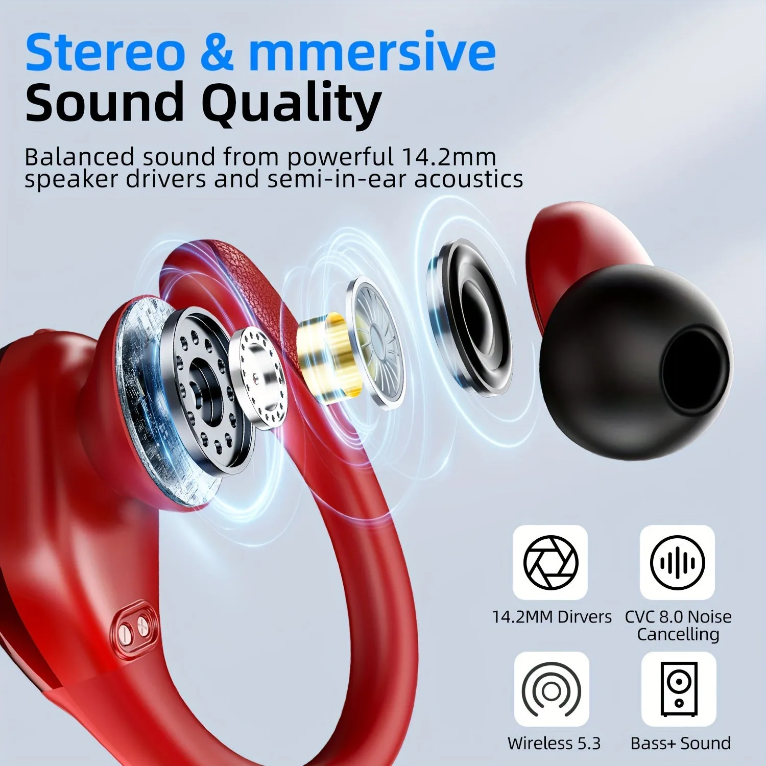 New Wireless Earbuds For Running Sports, Wireless Earphones With Earhooks, Dual-LED Display, Noise Cancelling Sports Earphones For Android/iOS Smartphones (Red)