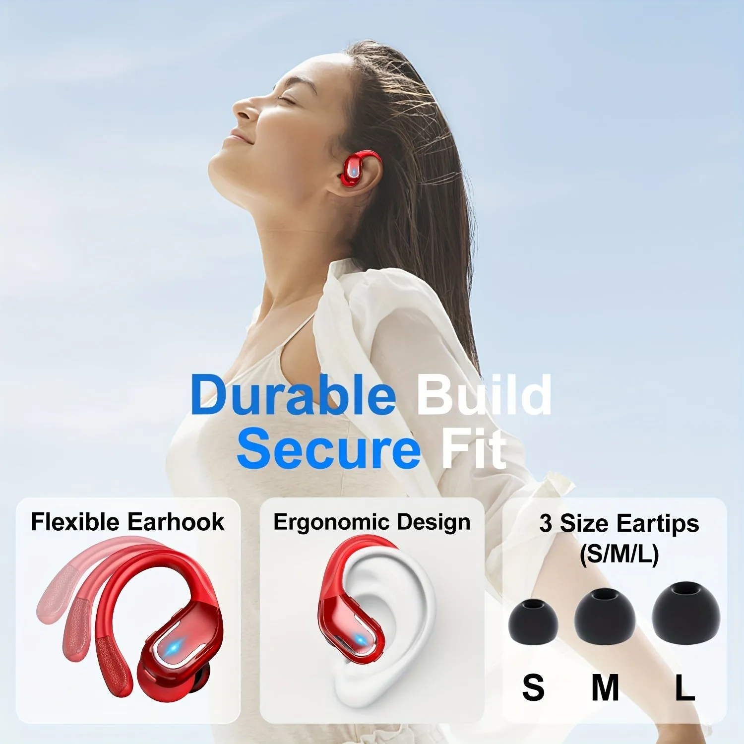 New Wireless Earbuds For Running Sports, Wireless Earphones With Earhooks, Dual-LED Display, Noise Cancelling Sports Earphones For Android/iOS Smartphones (Red)