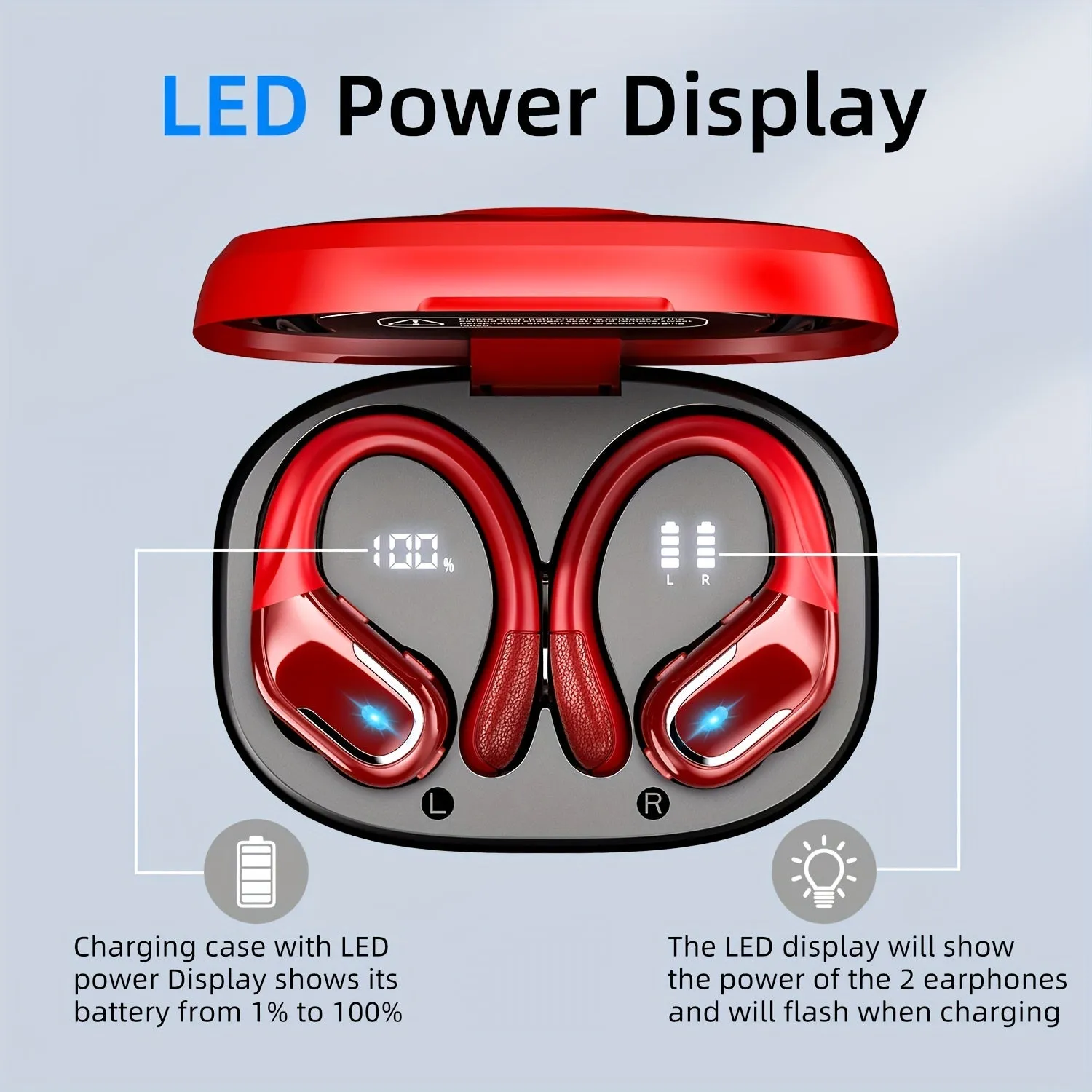 New Wireless Earbuds For Running Sports, Wireless Earphones With Earhooks, Dual-LED Display, Noise Cancelling Sports Earphones For Android/iOS Smartphones (Red)