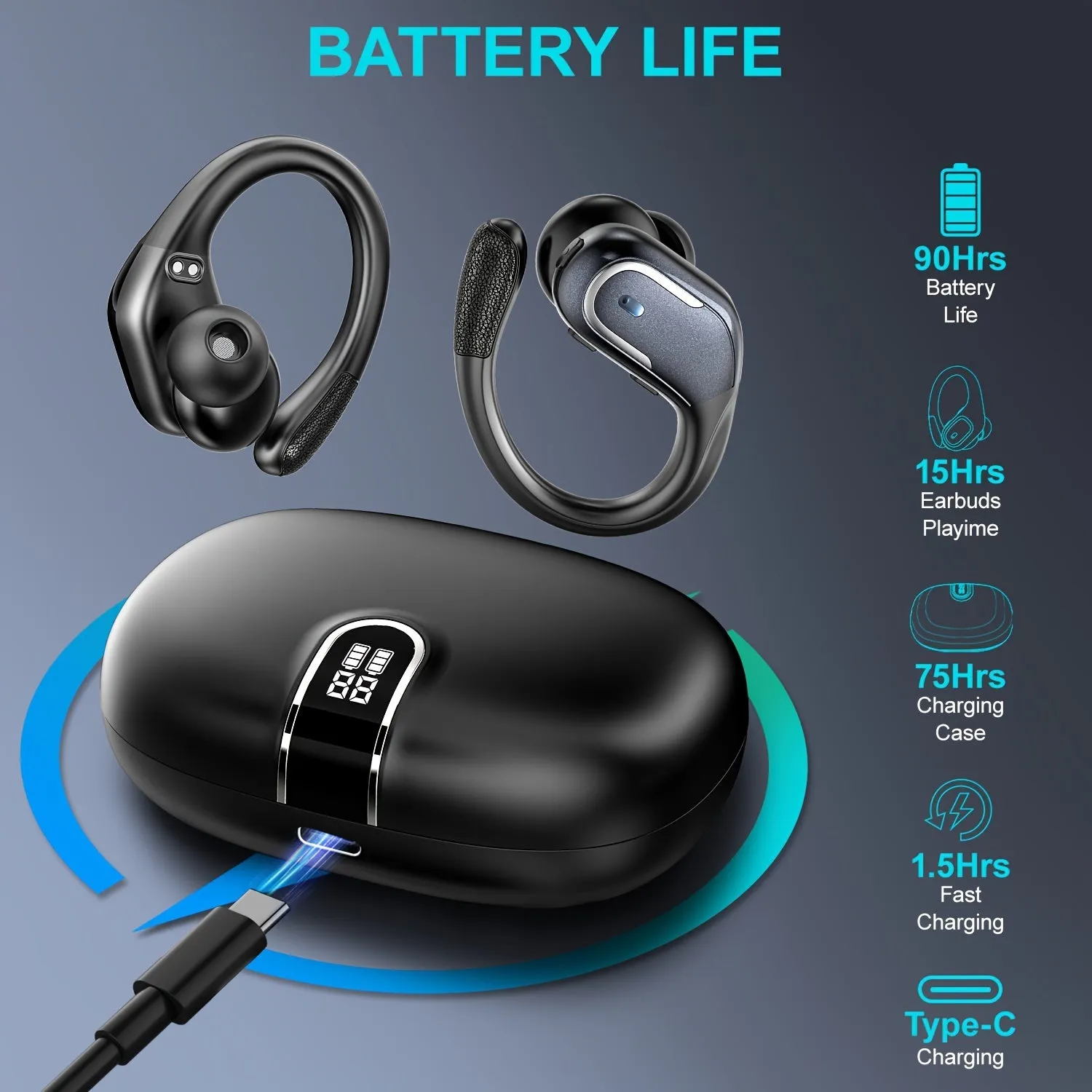 New Wireless Earbuds For Running Sports, Wireless Earphones With Pure Bass Sound, Over Ear Headphones With Dual-LED Display, Earphones Noise Cancelling Headset Built-in Microphone