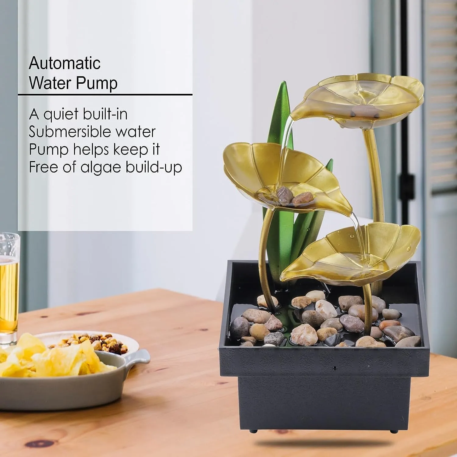 OG Metal Tabletop Water Fountain - Decor Ornaments with Waterfall Desktop Lotus Fountains, Deep Basin and Natural River Rocks, Indoor Zen Relaxation for Office, Bedroom Decor Item (Golden, 1 PCS)