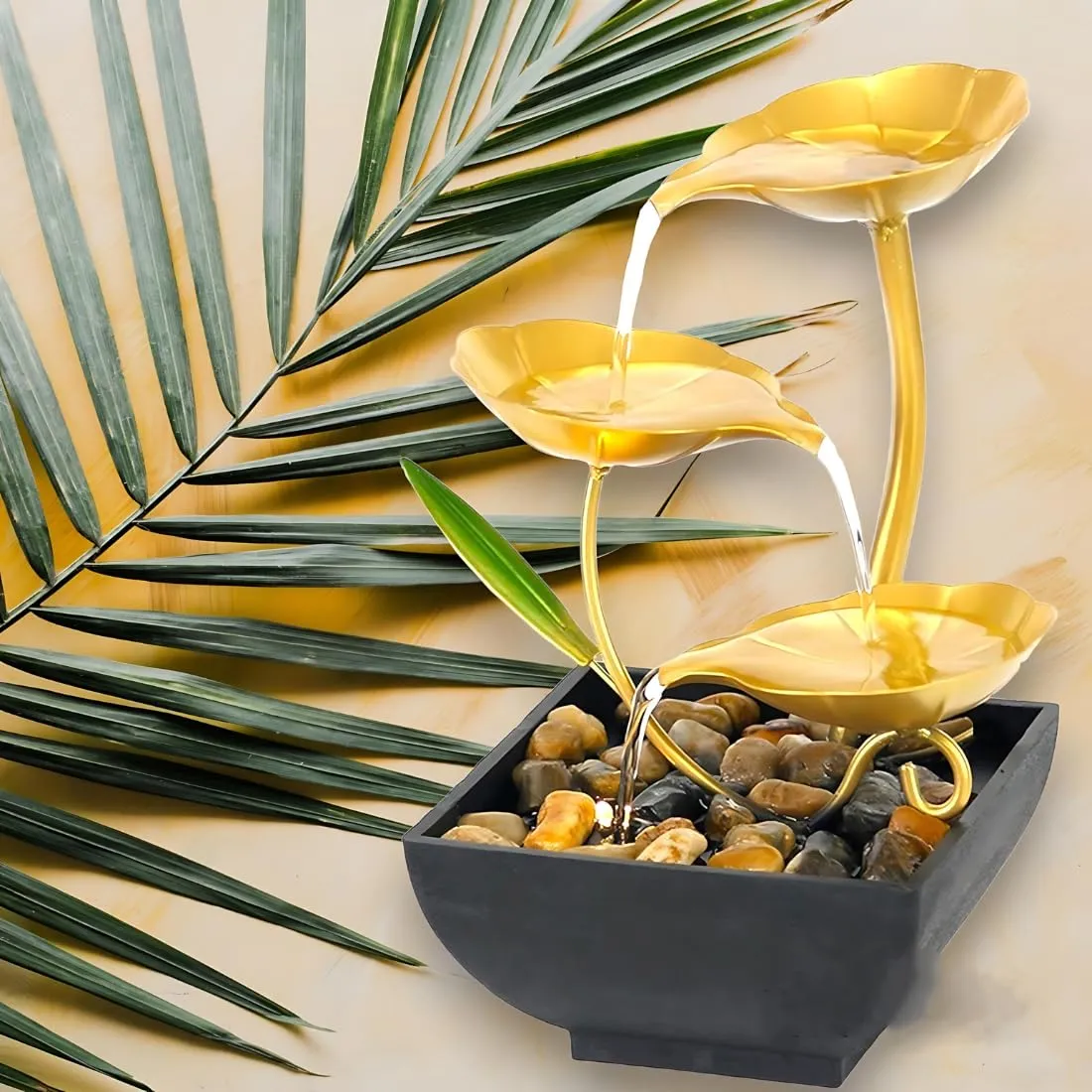 OG Metal Tabletop Water Fountain - Decor Ornaments with Waterfall Desktop Lotus Fountains, Deep Basin and Natural River Rocks, Indoor Zen Relaxation for Office, Bedroom Decor Item (Golden, 1 PCS)
