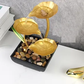 OG Metal Tabletop Water Fountain - Decor Ornaments with Waterfall Desktop Lotus Fountains, Deep Basin and Natural River Rocks, Indoor Zen Relaxation for Office, Bedroom Decor Item (Golden, 1 PCS)