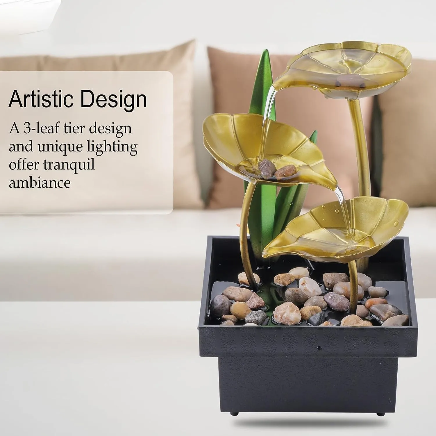 OG Metal Tabletop Water Fountain - Decor Ornaments with Waterfall Desktop Lotus Fountains, Deep Basin and Natural River Rocks, Indoor Zen Relaxation for Office, Bedroom Decor Item (Golden, 1 PCS)