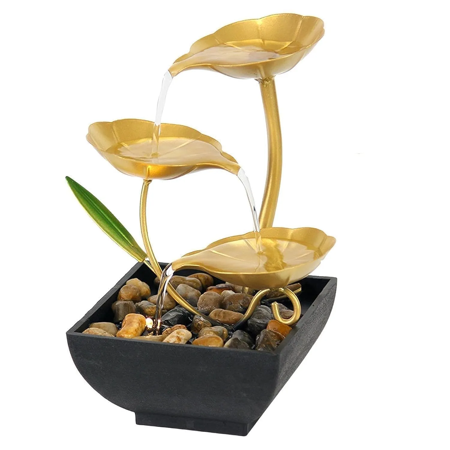 OG Metal Tabletop Water Fountain - Decor Ornaments with Waterfall Desktop Lotus Fountains, Deep Basin and Natural River Rocks, Indoor Zen Relaxation for Office, Bedroom Decor Item (Golden, 1 PCS)