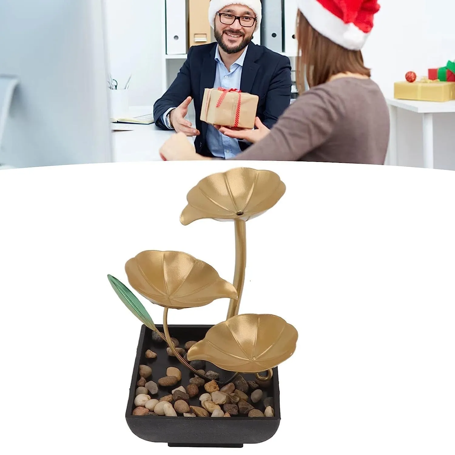 OG Metal Tabletop Water Fountain - Decor Ornaments with Waterfall Desktop Lotus Fountains, Deep Basin and Natural River Rocks, Indoor Zen Relaxation for Office, Bedroom Decor Item (Golden, 1 PCS)