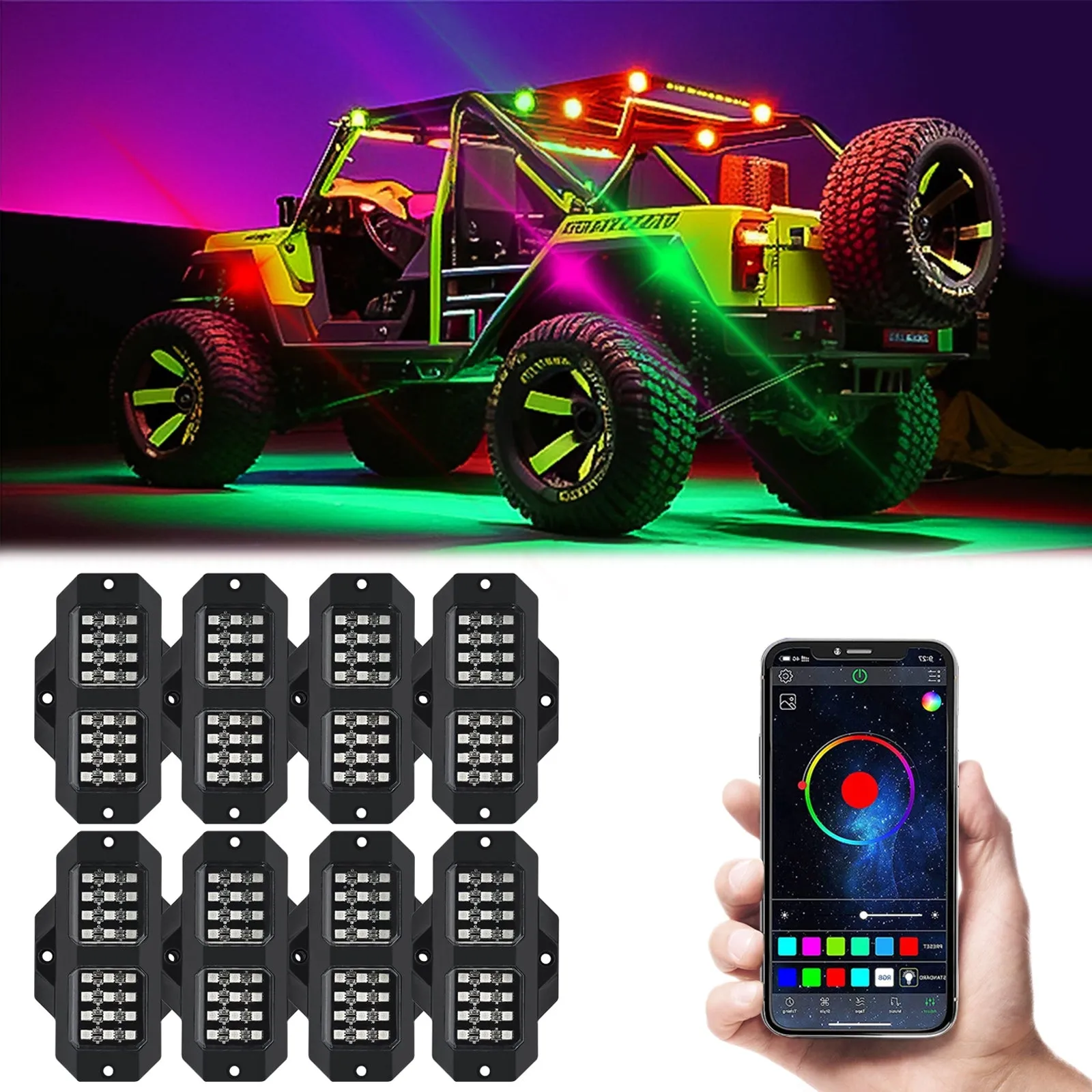 RGB LED Rock Lights Kits Multicolor Exterior Waterproof Underglow