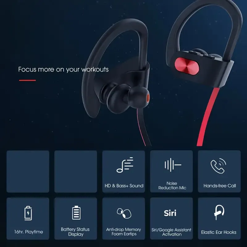 Running Headphones W/16 Hrs Playtime, Bass  HD Stereo Wireless Sports Earphones Earbuds In Ear For Workout, Gym W/CVC6. 0 Noise Cancelling Mic