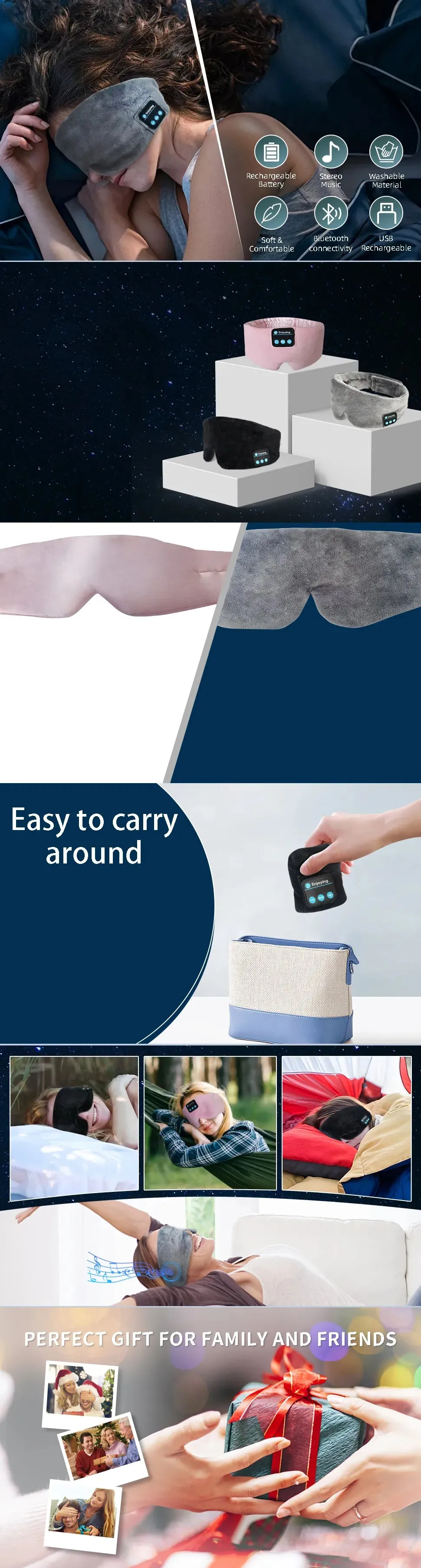 Soft Wireless Bluetooth Sleeping Mask w/Earphones for Music Meditation