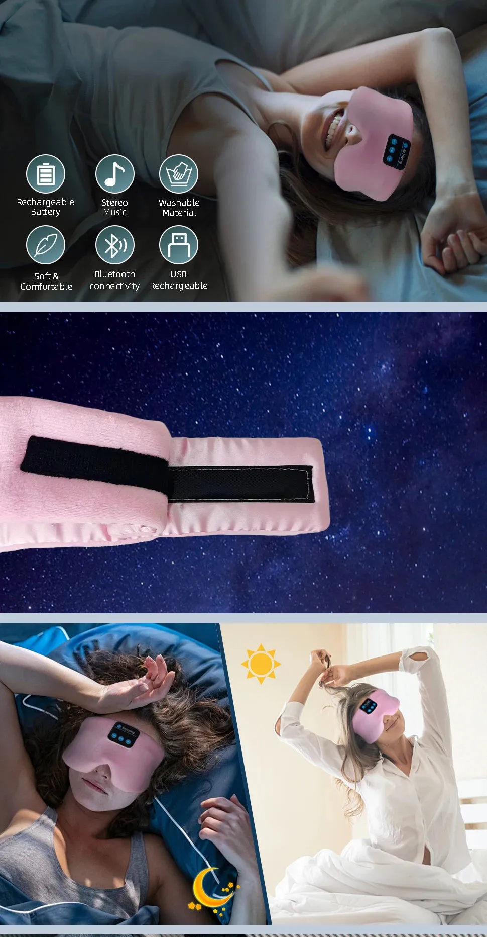 Soft Wireless Bluetooth Sleeping Mask w/Earphones for Music Meditation